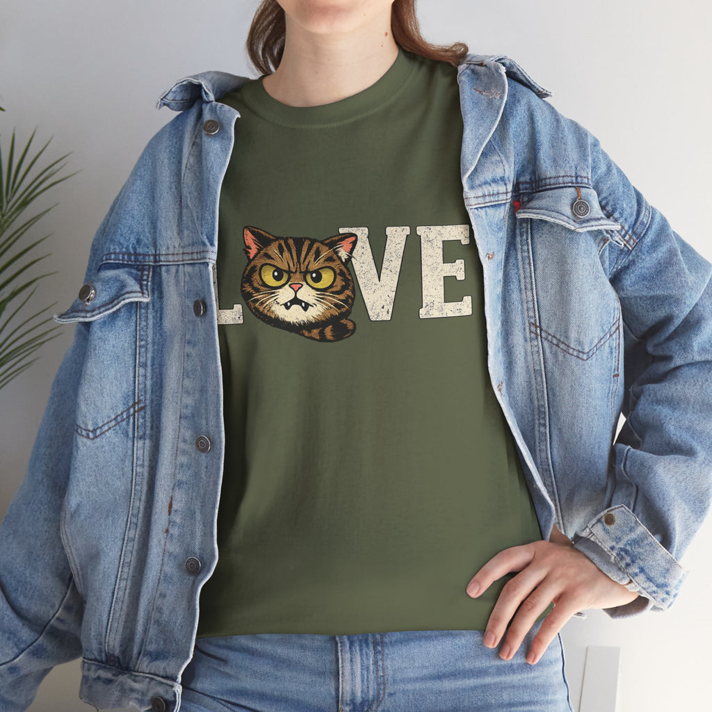 Cat Love T‑Shirt — Retro Tabby  Cat Face LOVE Graphic Tee for Cat Lovers