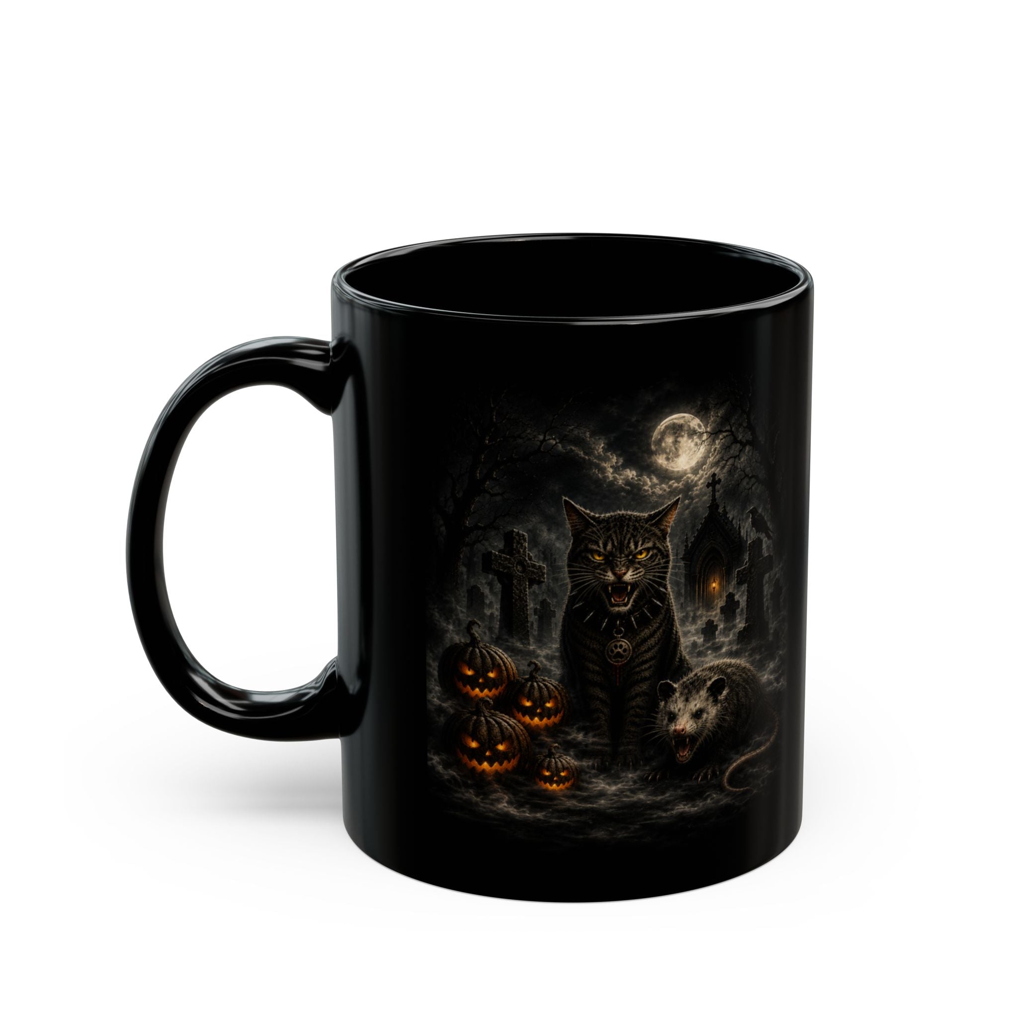 Gothic Cross Black Coffee Mug — Smoky Skull & Rose 11oz/15oz