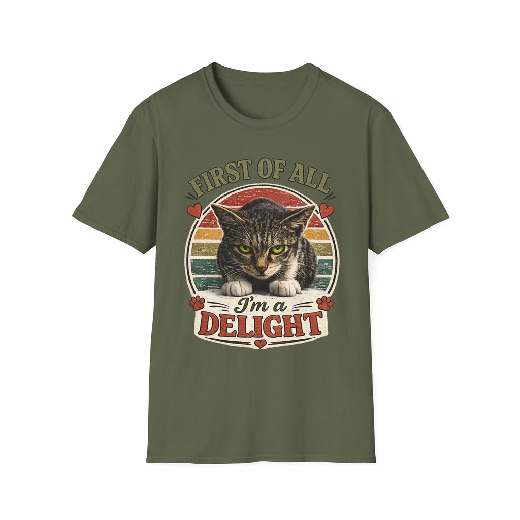 Cat T‑Shirt — “First of All I’m a Delight” Vintage Cat Graphic Tee