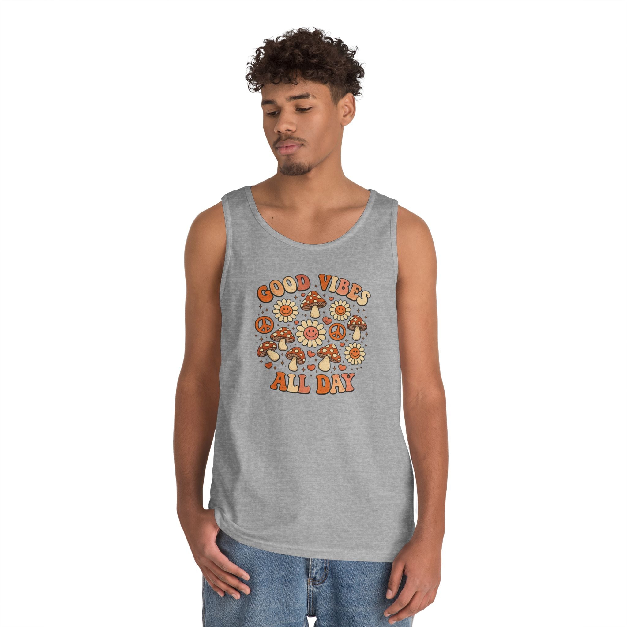 Boho-Good Vibes All Day Tank Top — Retro Mushroom Peace Floral Graphic