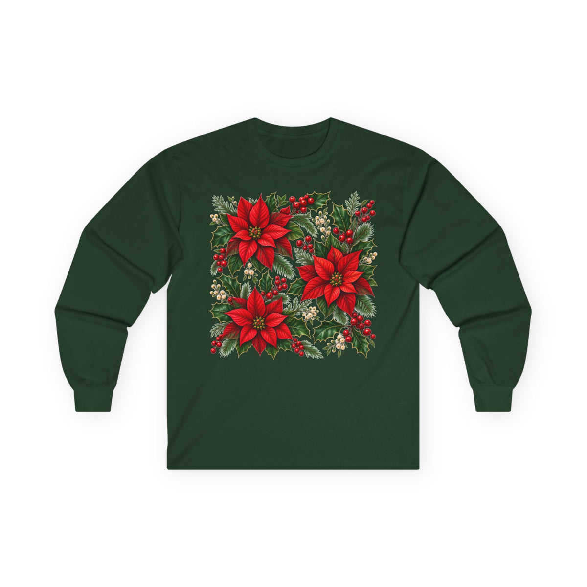 Poinsettia Holiday Long Sleeve Tee — Christmas Floral Sweater Alternative