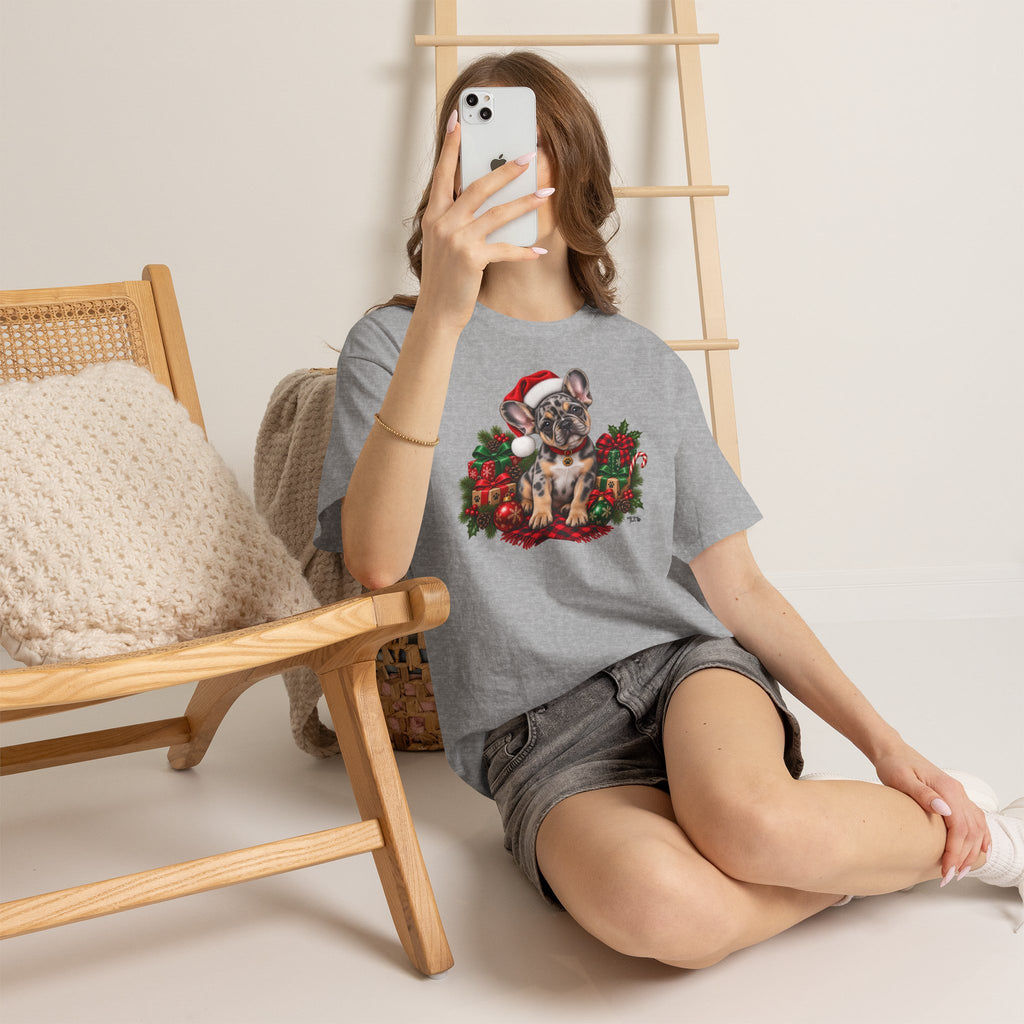 French Bulldog Christmas T-Shirt — Cute Puppy in Santa Hat Holiday Tee