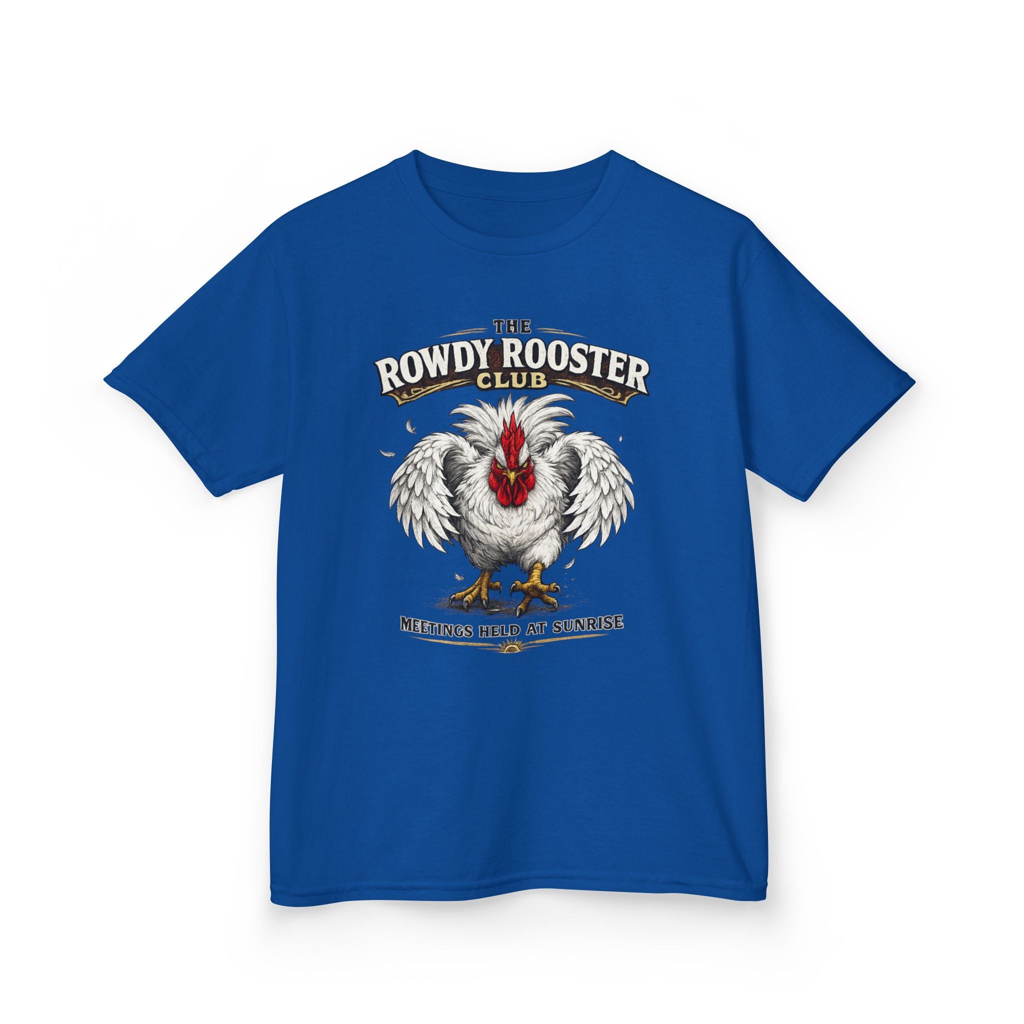 Kids Tee — "The Rowdy Rooster Club: Meetings Held at Sunrise" Graphic Shirt