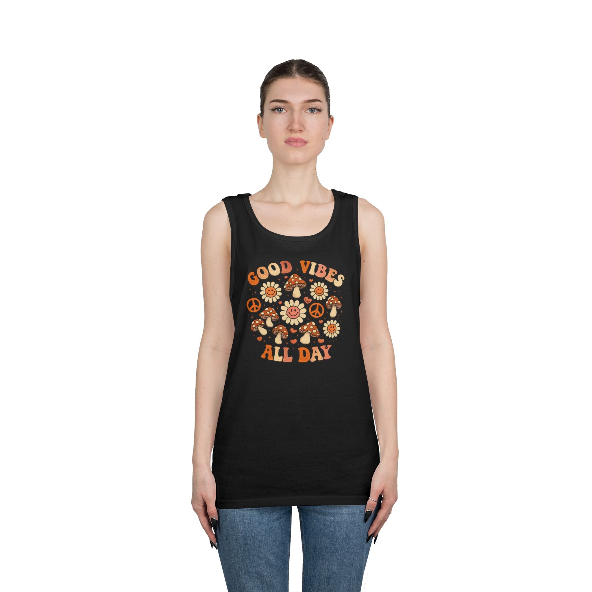 Boho-Good Vibes All Day Tank Top — Retro Mushroom Peace Floral Graphic