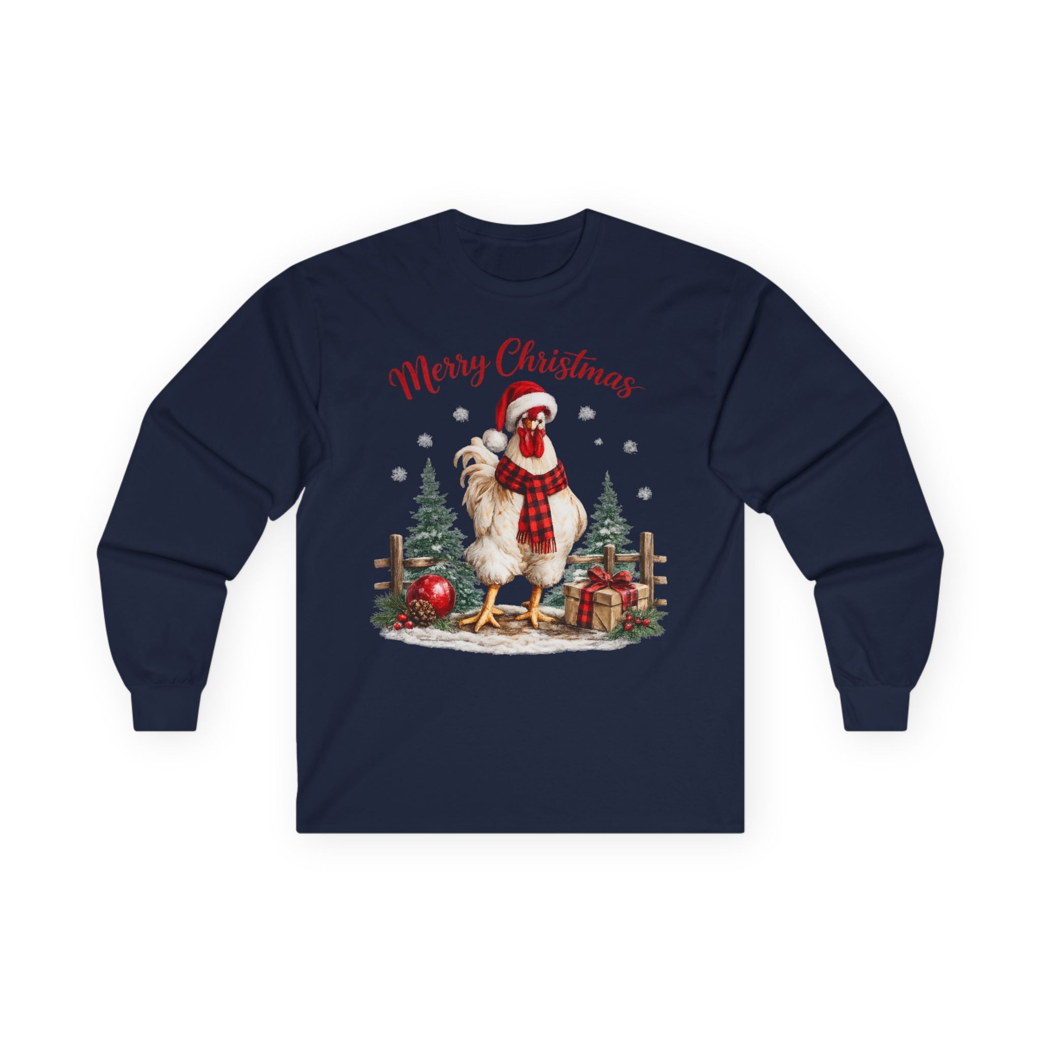 Christmas Rooster Long Sleeve Tee — “Merry Christmas” Holiday Duck with Scarf & Gifts