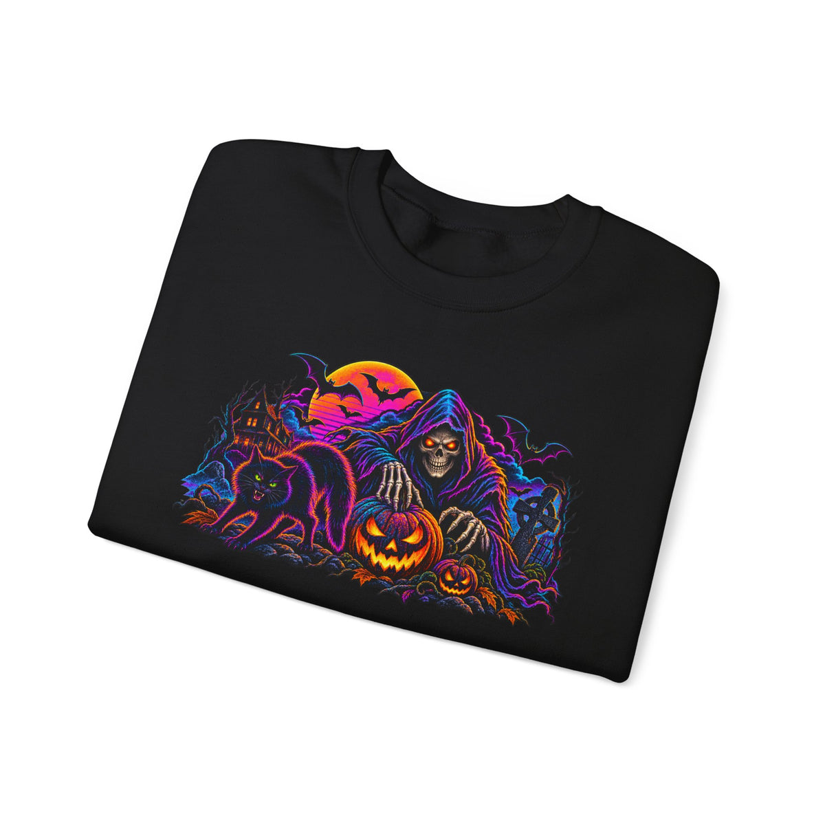 Halloween Crewneck Sweatshirt — Neon Haunted Pumpkin & Grim Reaper Design