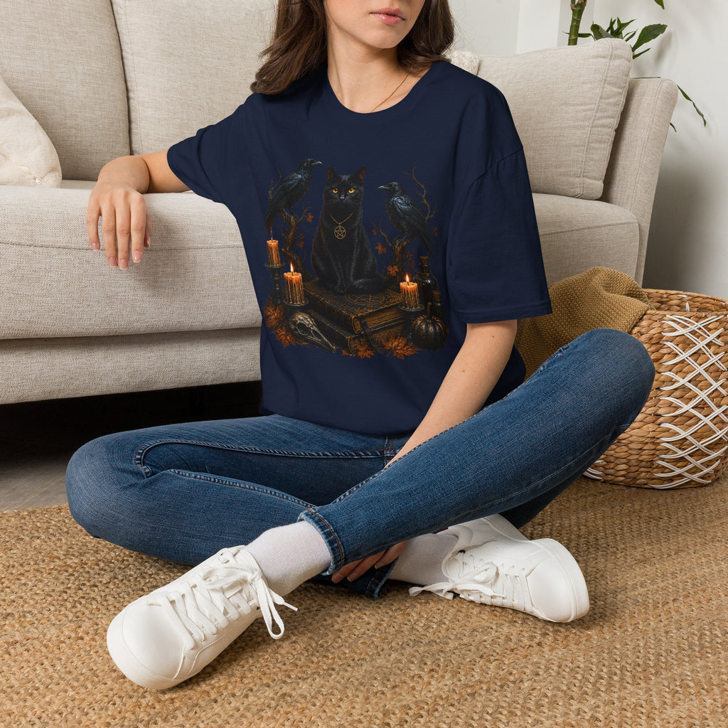 Occult Black Cat T-Shirt — Witchy Candle & Raven Spell Design