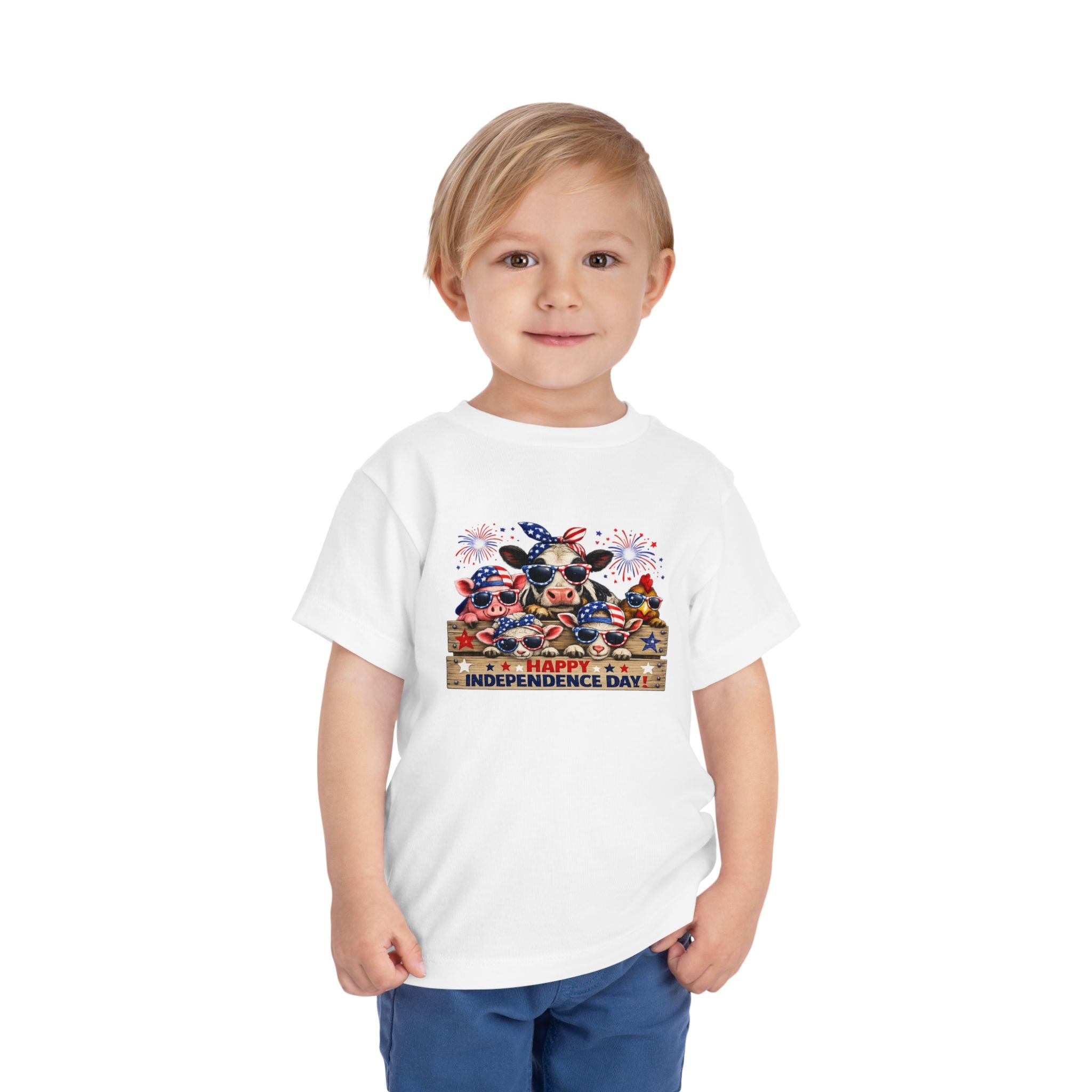 Happy Independence Day Toddler Tee — Patriotic Farm Animals  & Fireworks 4th of July Shirt