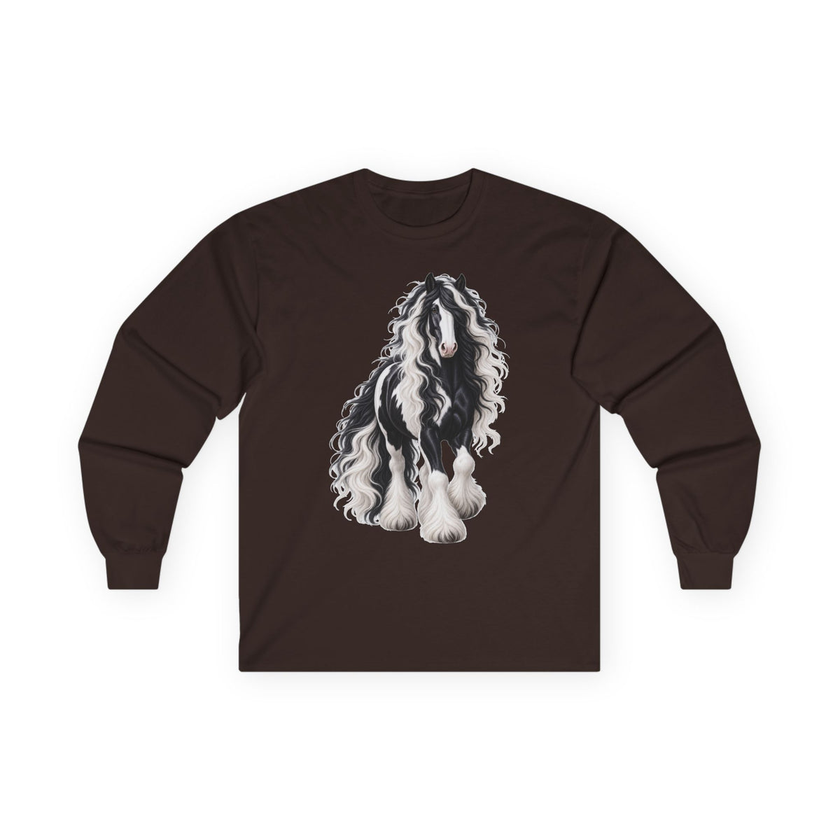 Gypsy Vanner Horse Long Sleeve Tee — Black & White Fluffy Horse Art