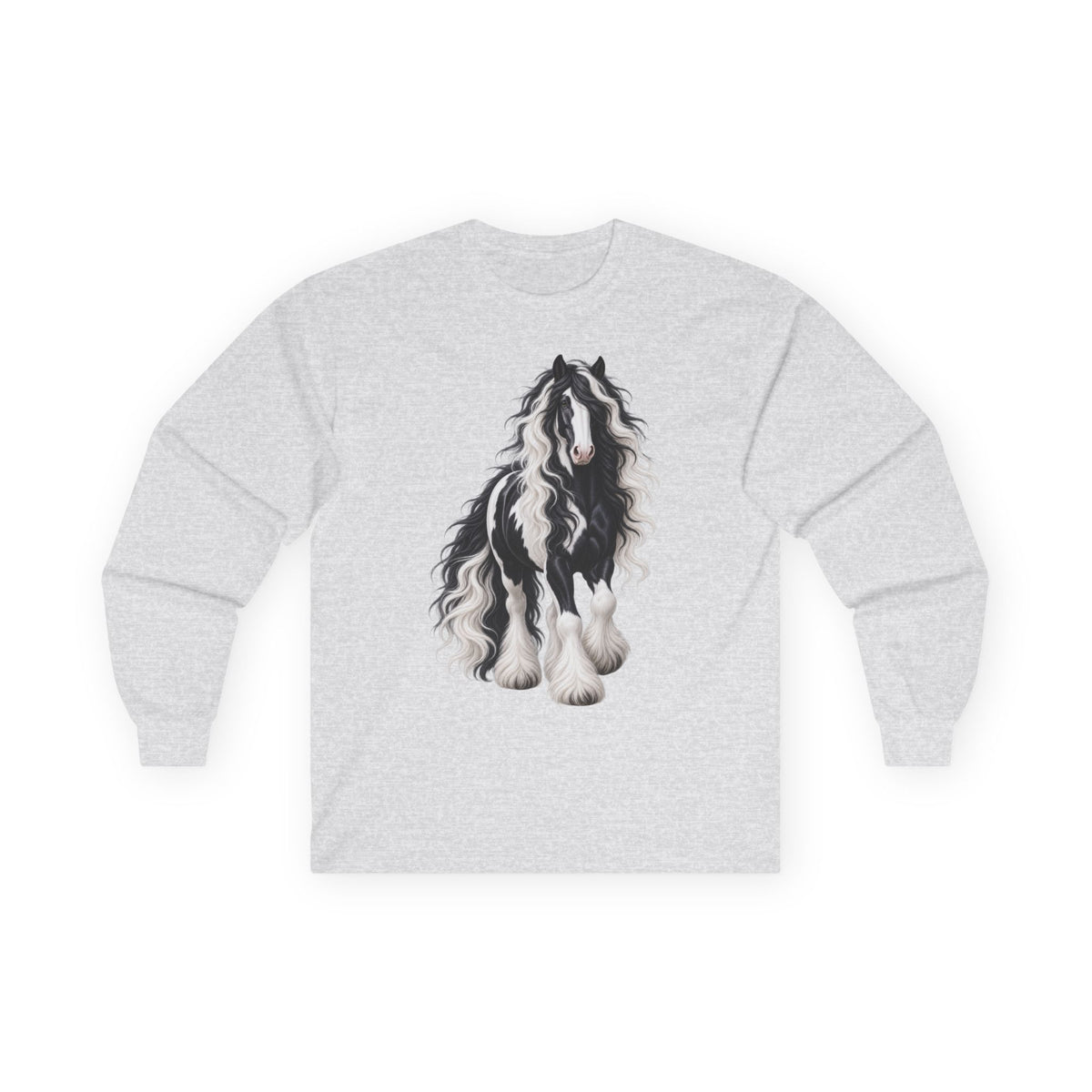 Gypsy Vanner Horse Long Sleeve Tee — Black & White Fluffy Horse Art