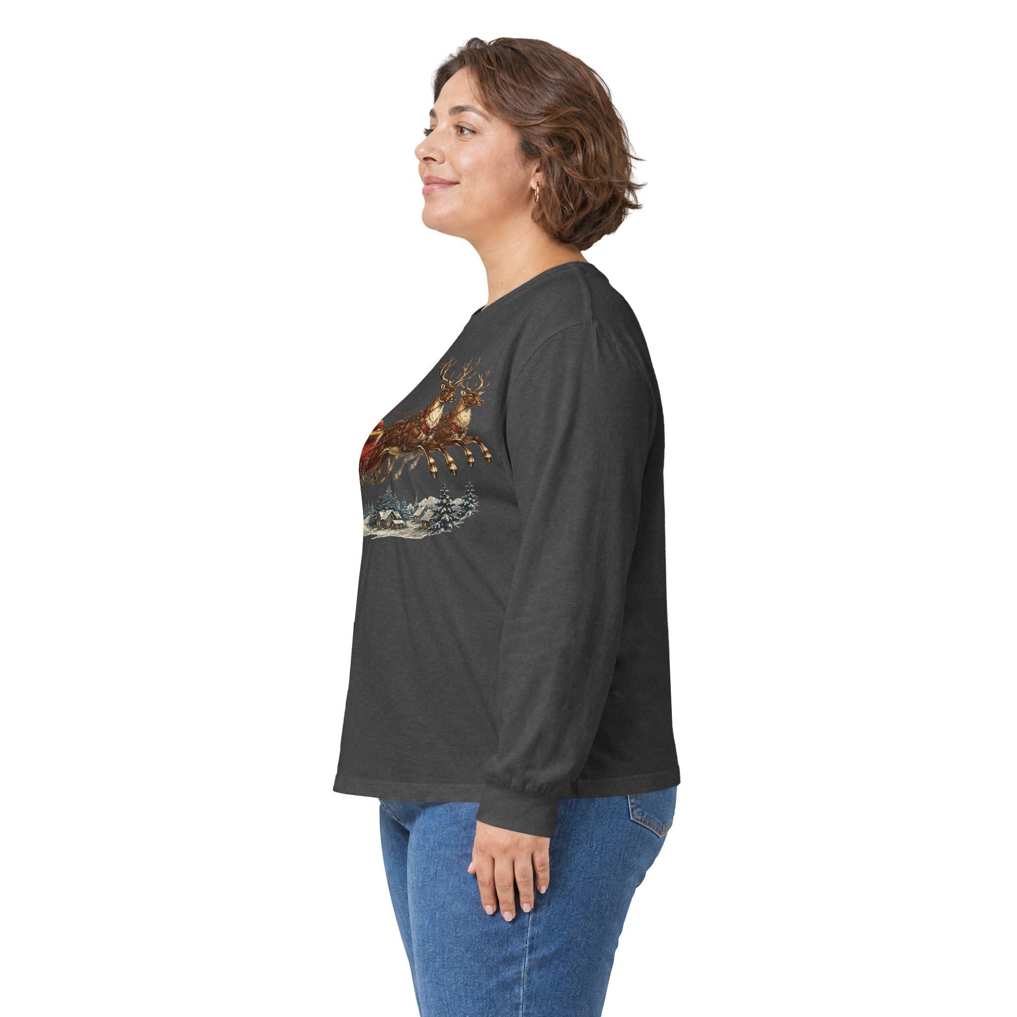 Santa Sleigh Long Sleeve Tee — Vintage Christmas Reindeer Shirt