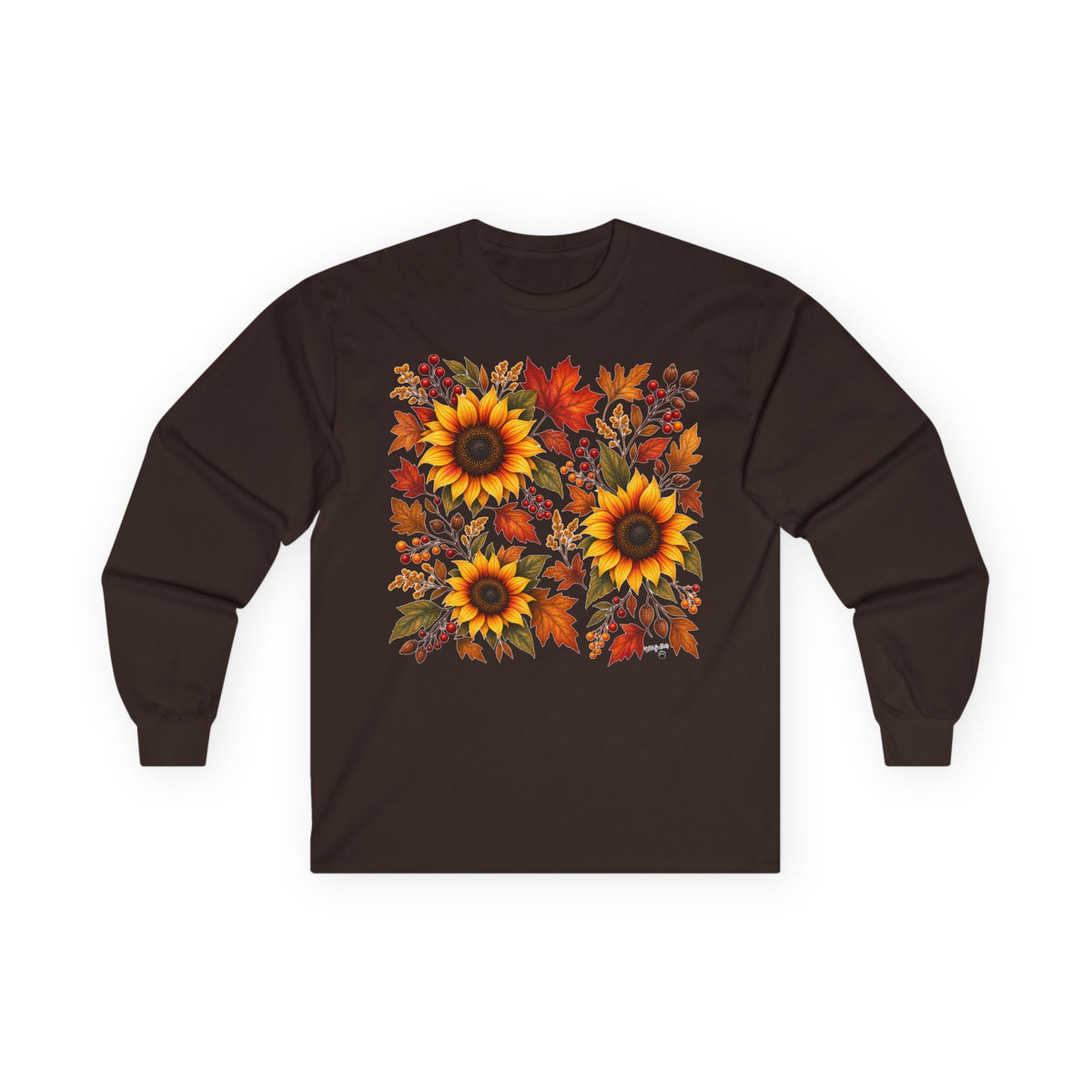 Sunflower & Autumn Leaves Long Sleeve Tee — Fall Floral Graphic Shirt