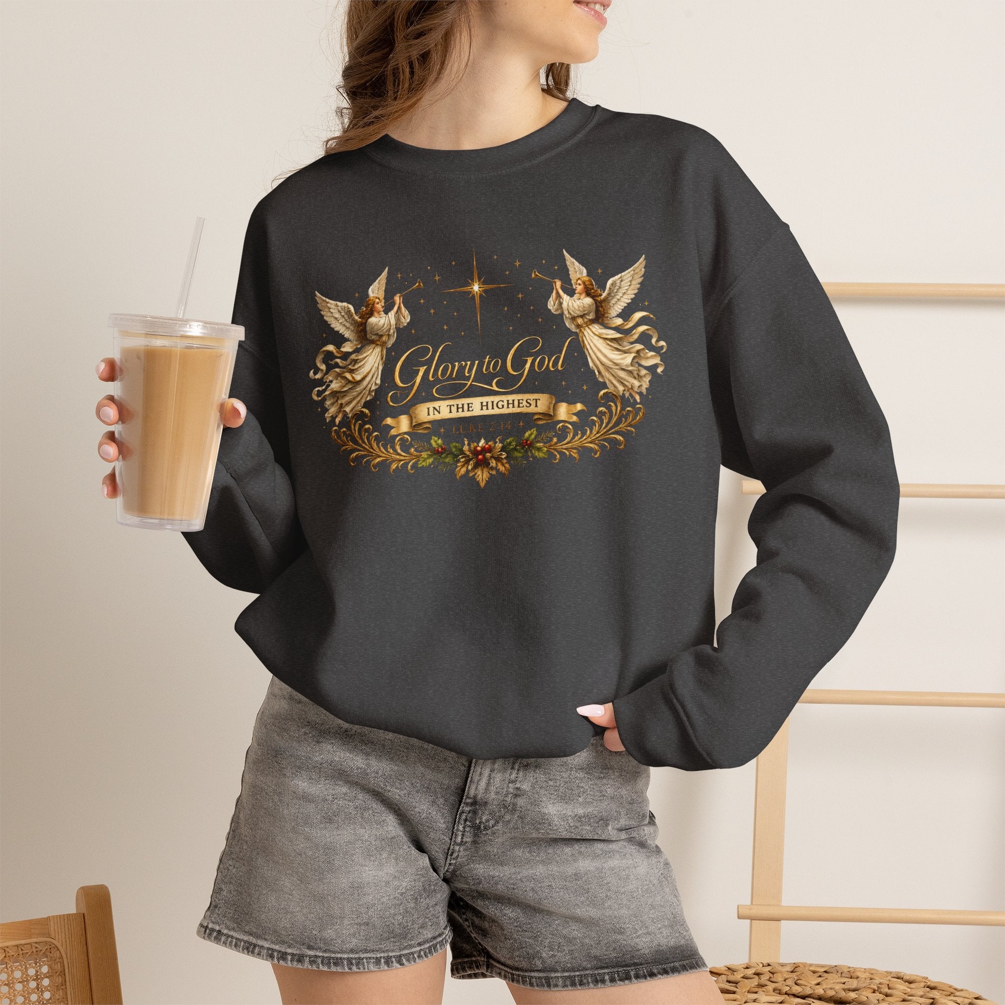 Glory to God Crewneck Sweatshirt — Angel Wings & Star Christian Holiday Pullover