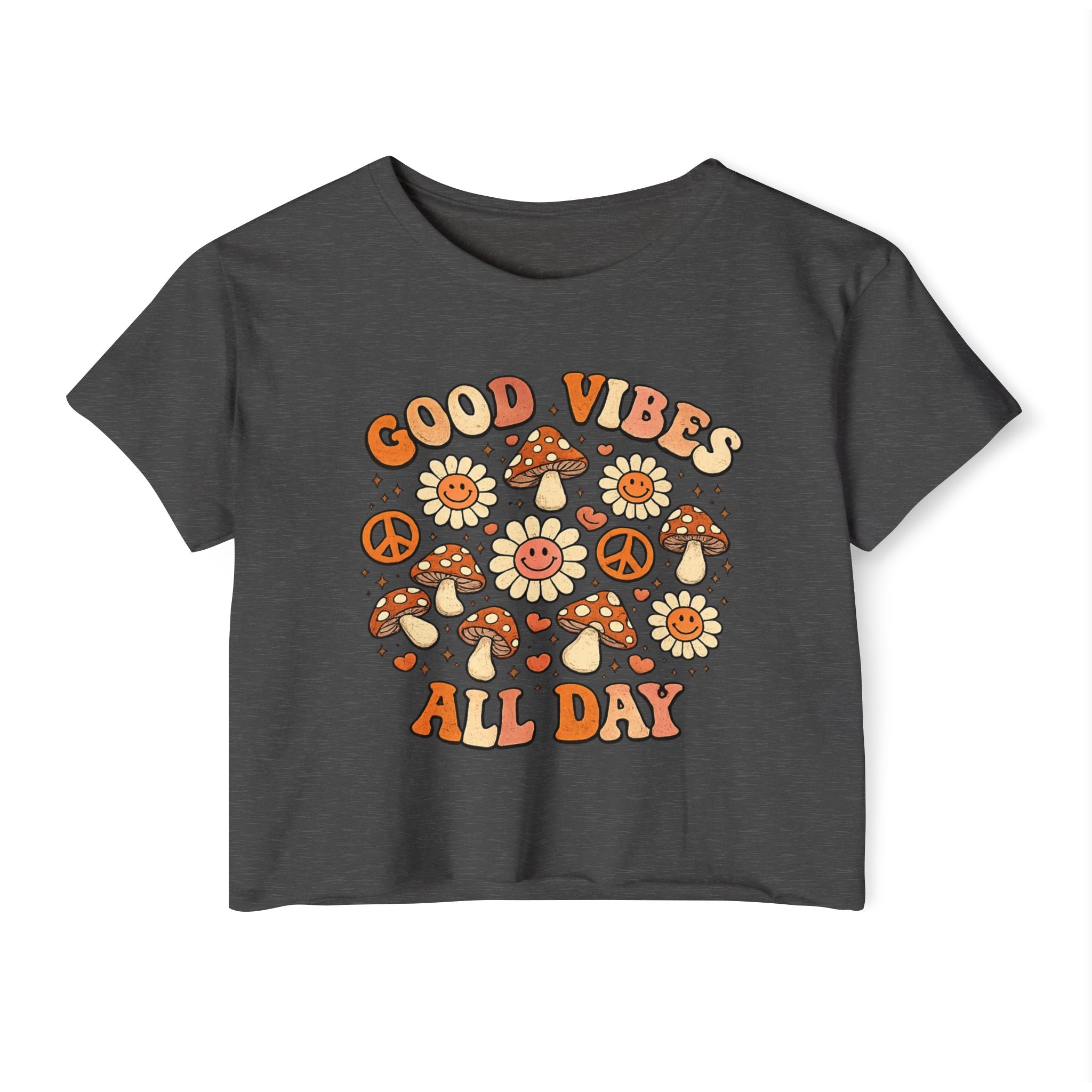Good Vibes All Day Crop Top — Retro Mushroom & Sun Festival Tee