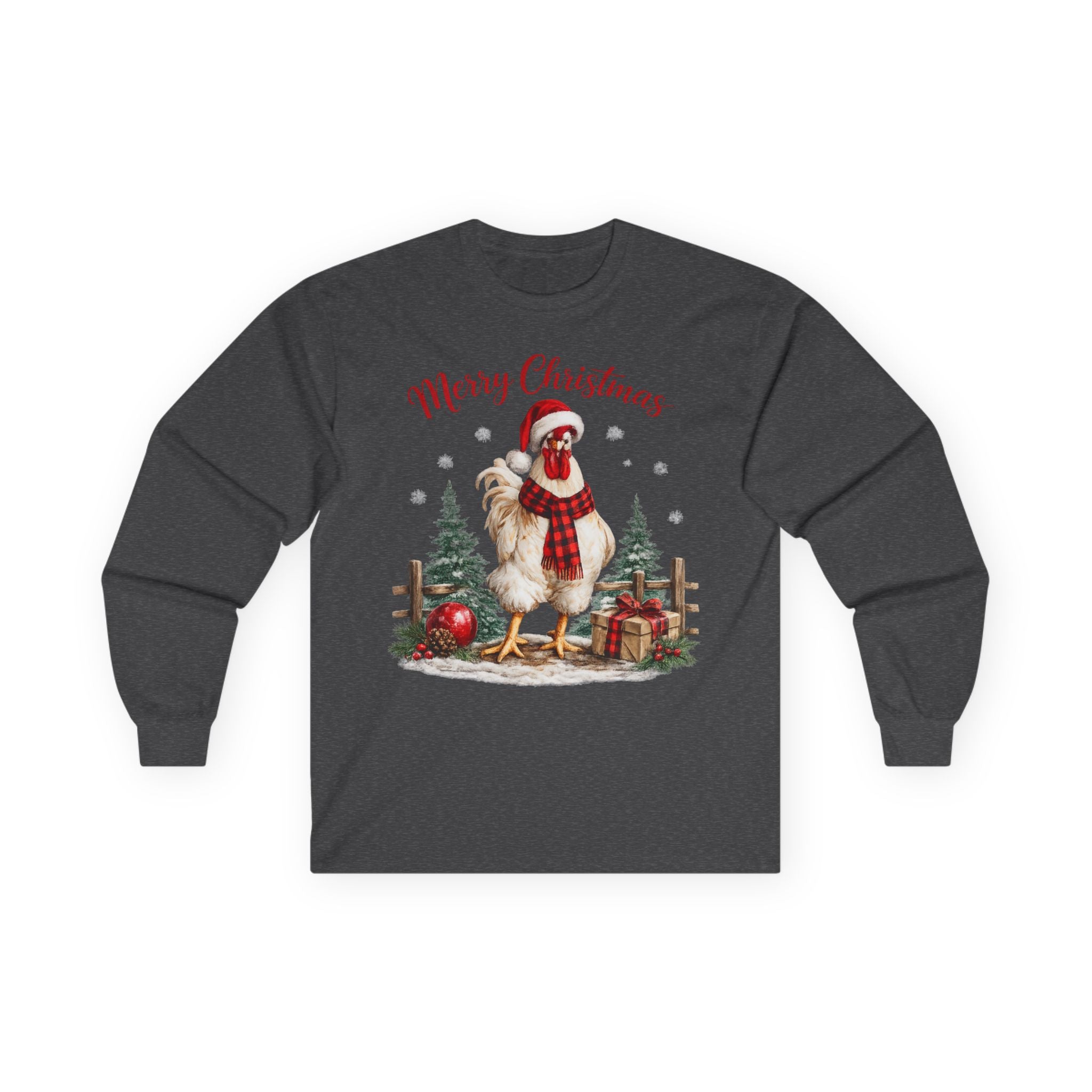 Christmas Rooster Long Sleeve Tee — “Merry Christmas” Holiday Duck with Scarf & Gifts