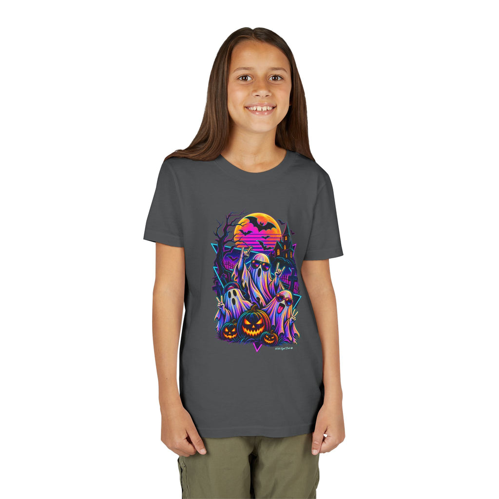 Youth Halloween Ghosts T‑Shirt — Neon Retro Pumpkin Tee
