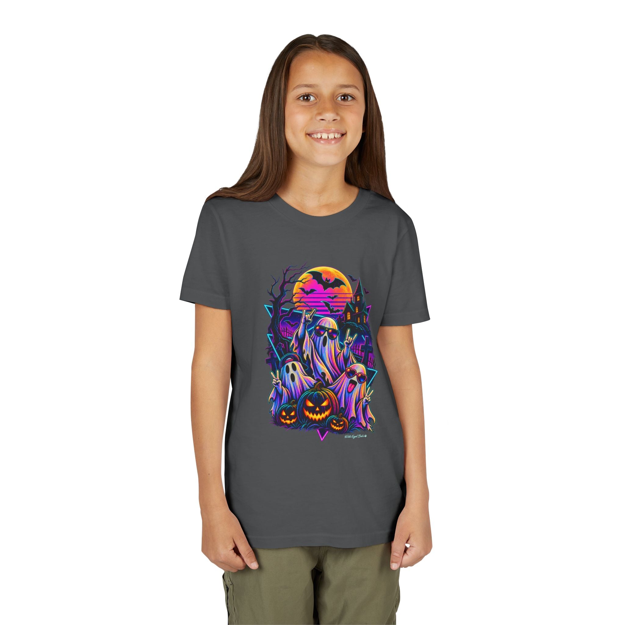 Youth Halloween Ghosts T‑Shirt — Neon Retro Pumpkin Tee