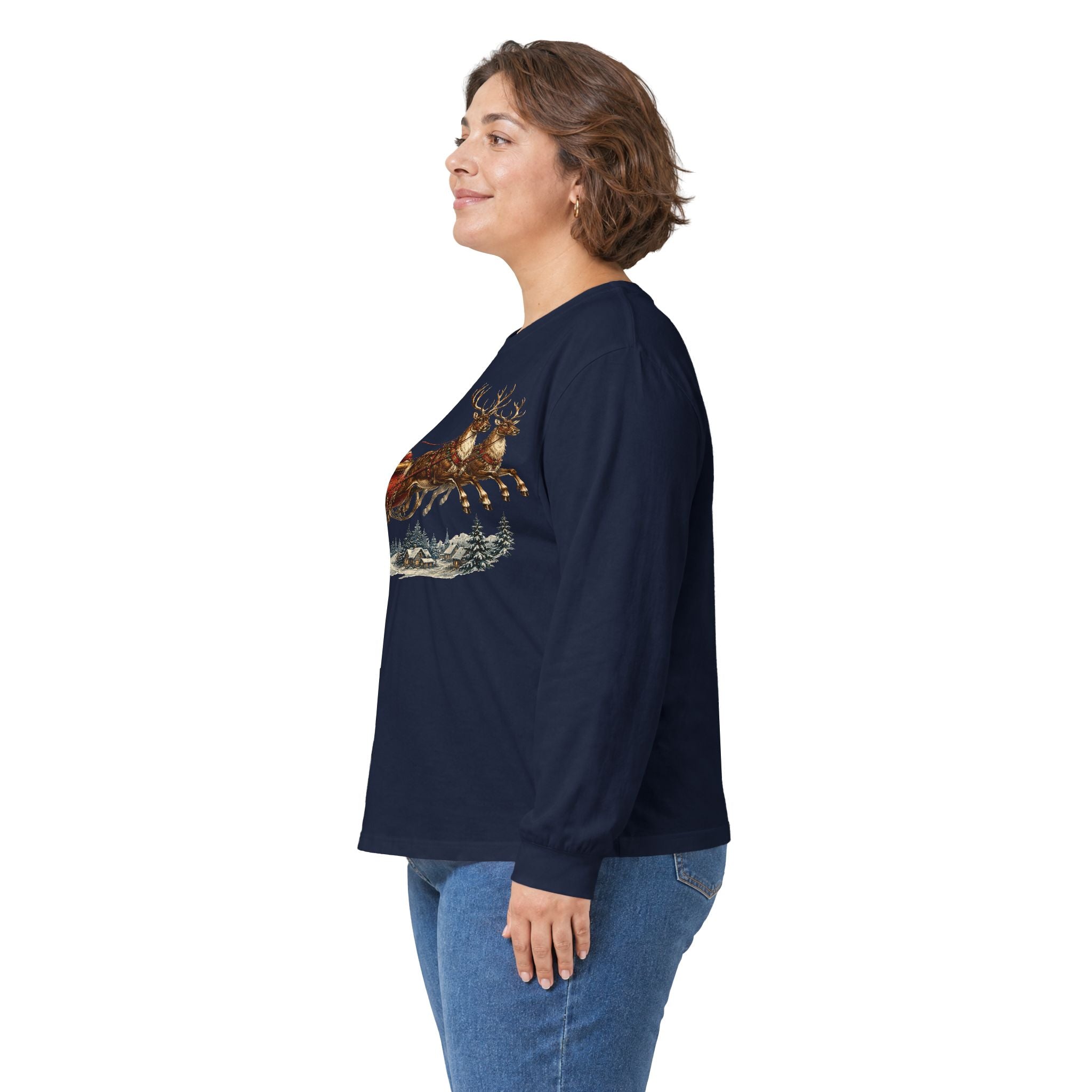 Santa Sleigh Long Sleeve Tee — Vintage Christmas Reindeer Shirt