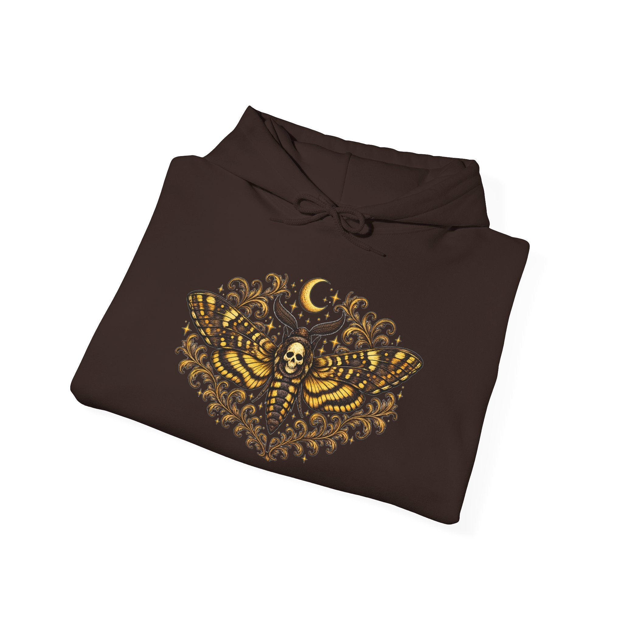 Mystic Death Moth Skull Hoodie – Crescent Moon Gothic Graphic Sweatshirt