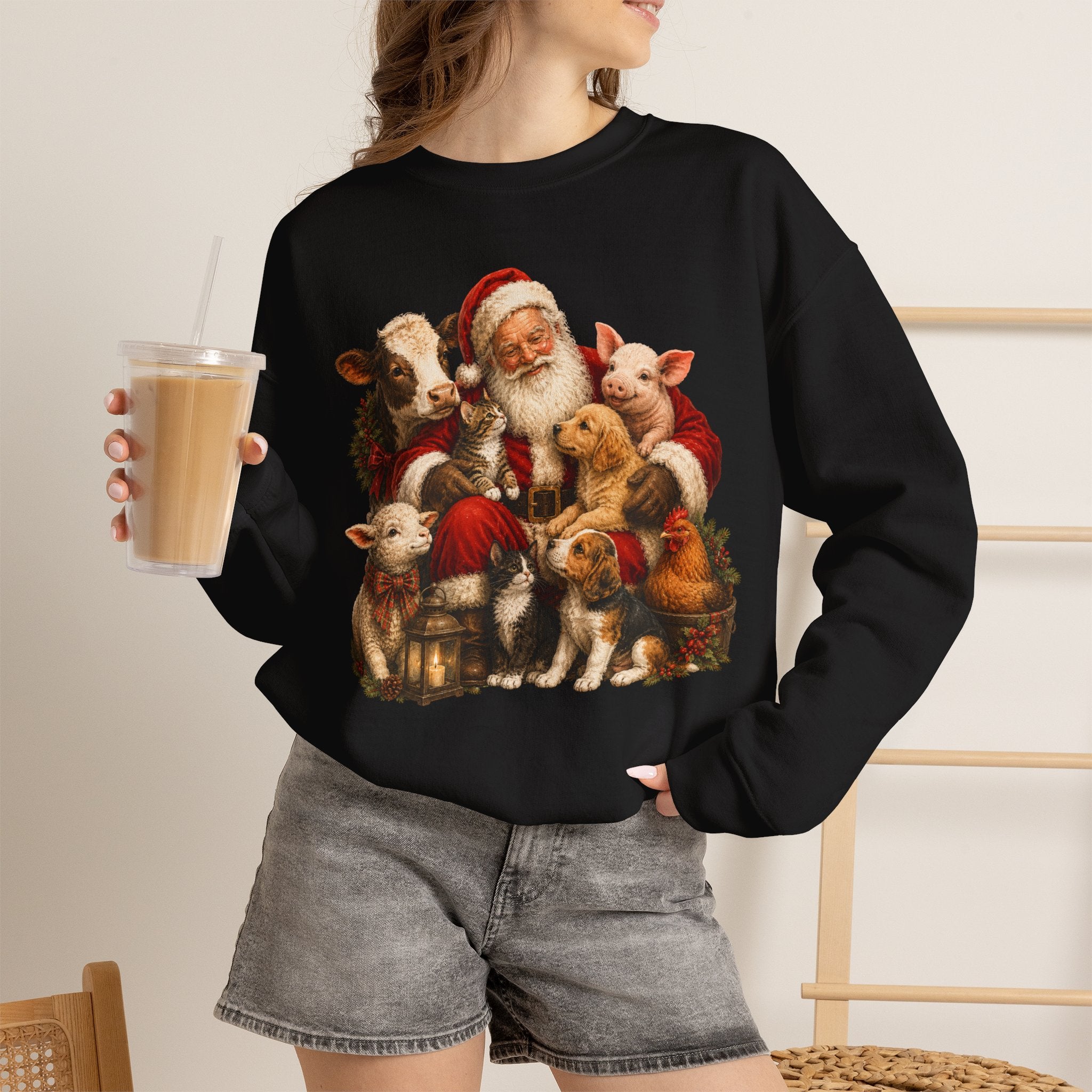 Santa with Farm Animals Sweatshirt — Vintage Christmas Crewneck