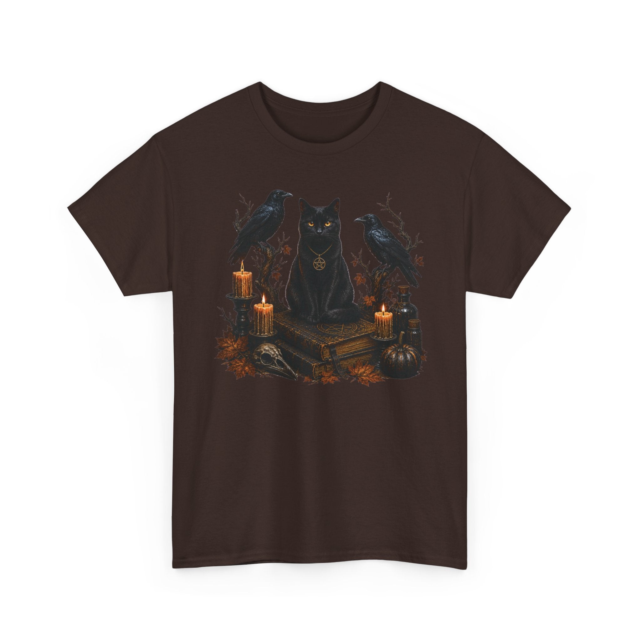 Witchy Black Cat T-Shirt — Candlelit Raven & Grimoire Gothic Tee