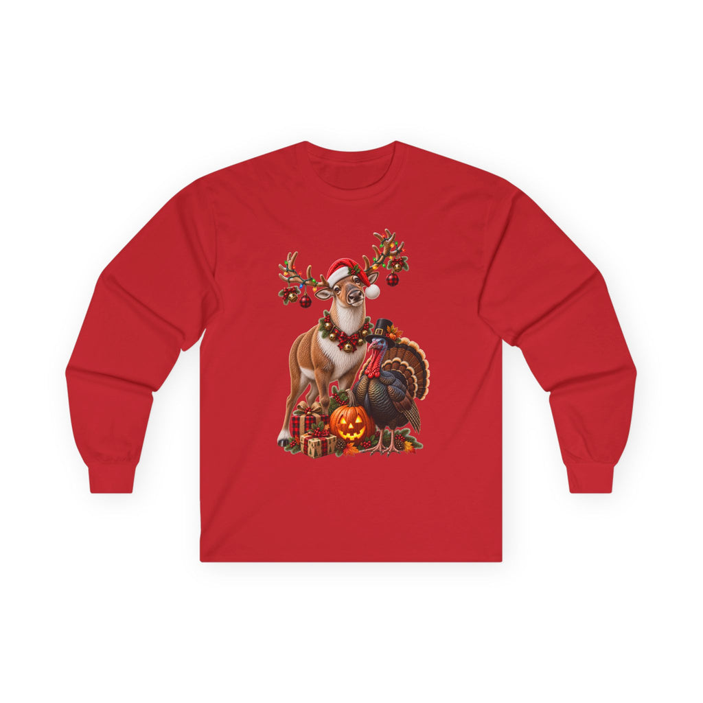Holiday Reindeer & Turkey Long Sleeve Tee — Festive Halloween to Christmas Mashup