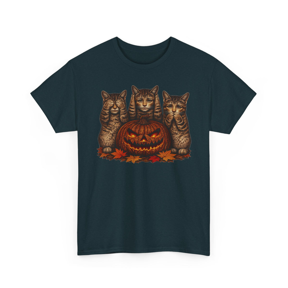 Halloween Cats T-Shirt — Trio of Kittens with Jack-O'-Lantern Fall Tee