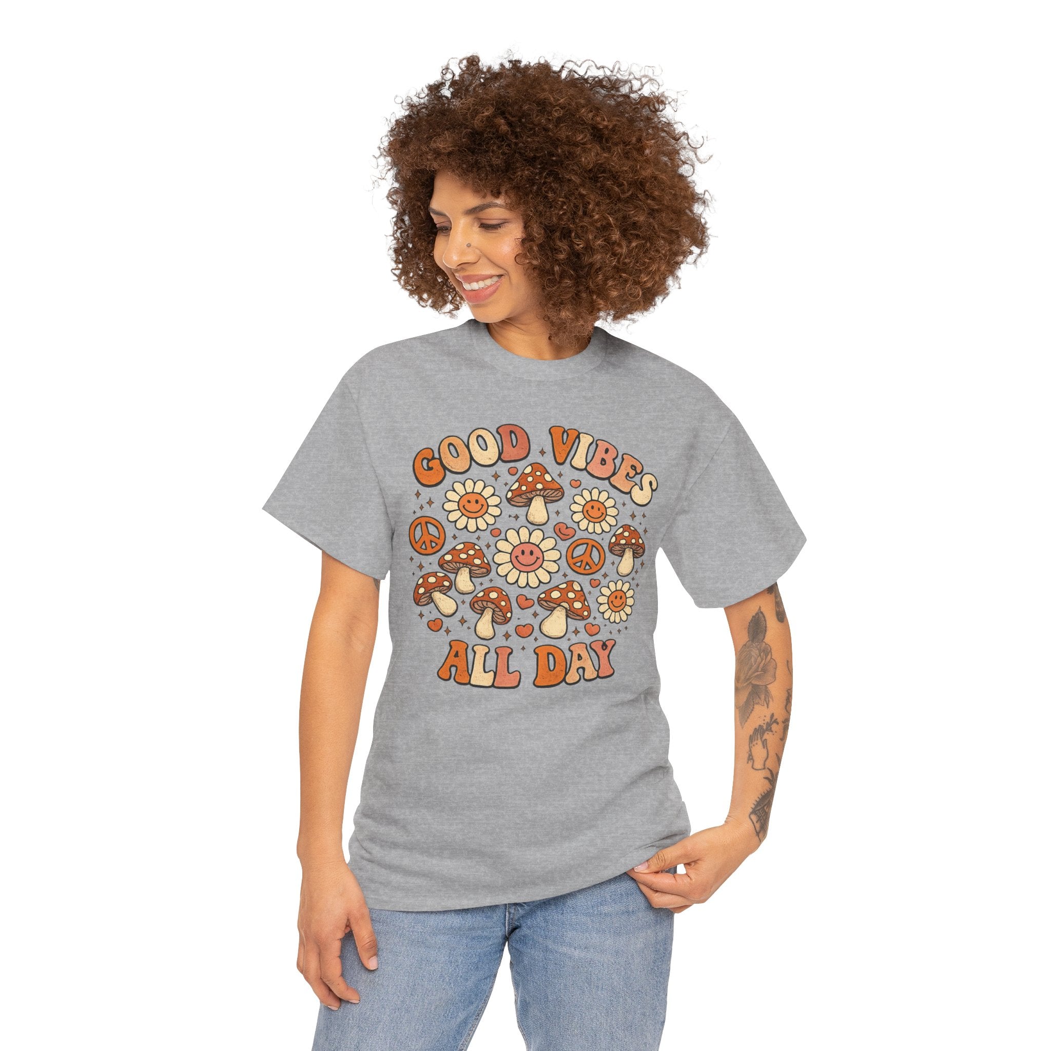 Boho-Good Vibes All Day T-Shirt — Retro Mushroom & Daisy Graphic Tee