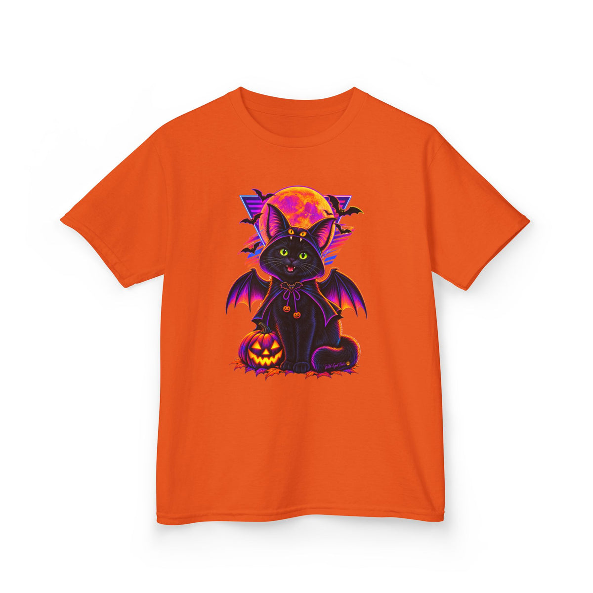 Kids Halloween Vampire  Bat Cat T-Shirt — Cute Black Cat with Pumpkin & Full Moon