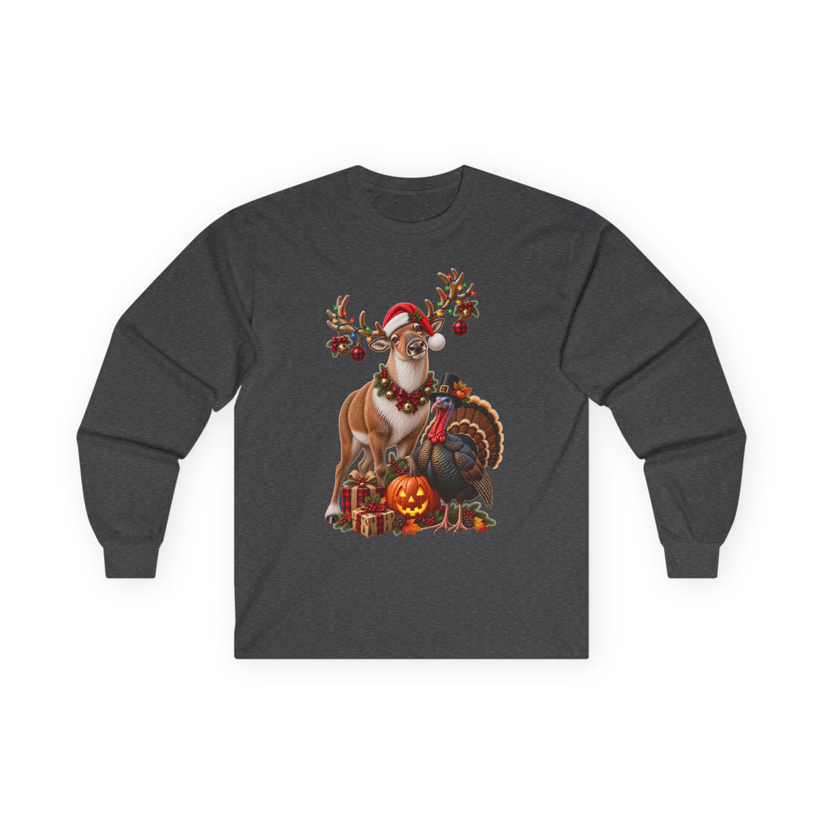 Holiday Reindeer & Turkey Long Sleeve Tee — Festive Halloween to Christmas Mashup