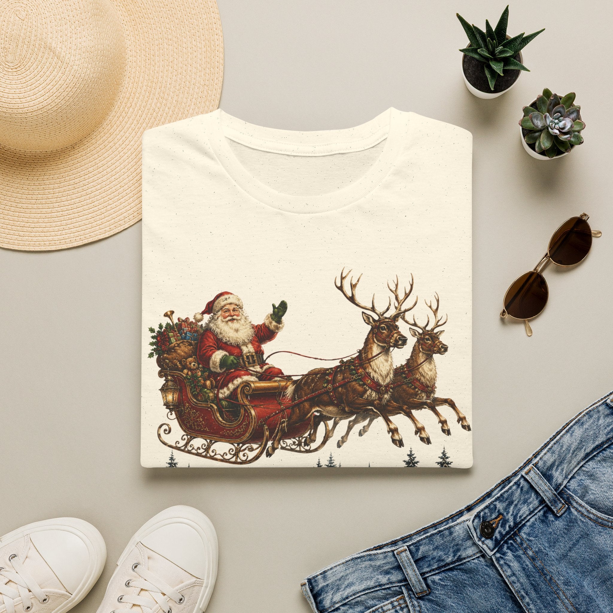 Santa Sleigh T-Shirt — Vintage Christmas Reindeer Holiday Tee