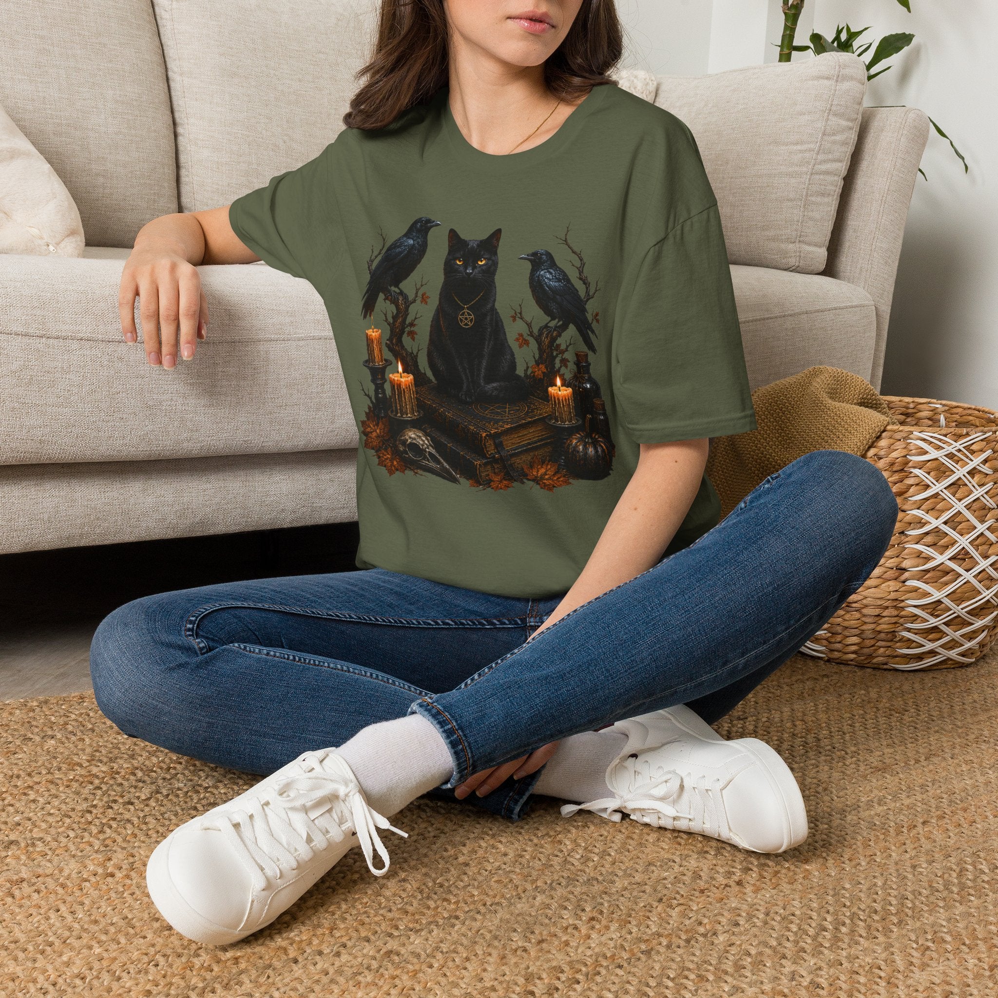 Occult Black Cat T-Shirt — Witchy Candle & Raven Spell Design