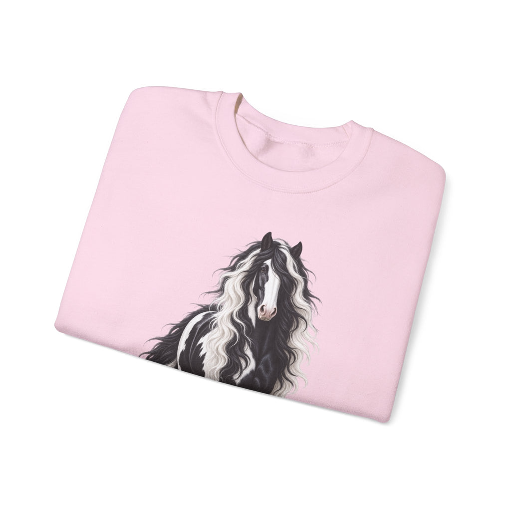 Gypsy Vanner Horse Crewneck Sweatshirt — Black & White Fluffy Pony Graphic