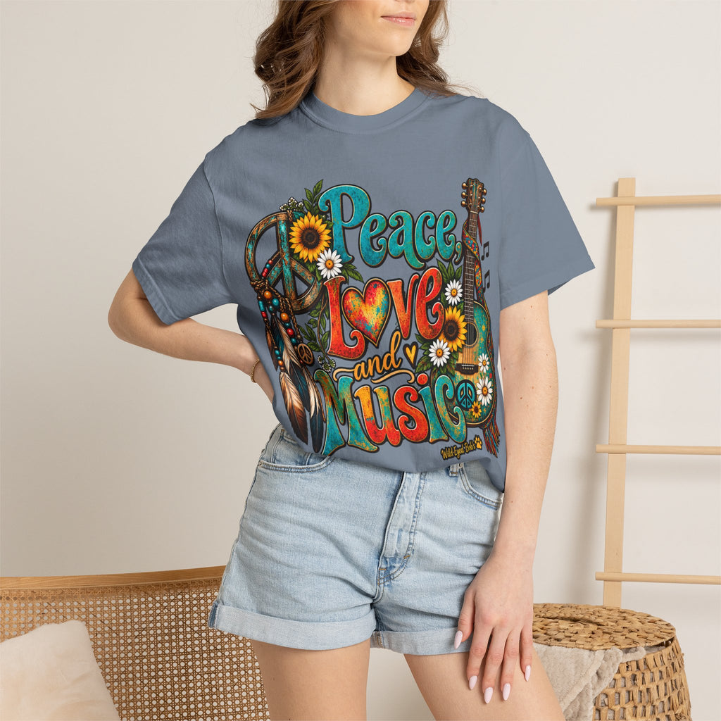 Peace, Love & Music Graphic T-Shirt — Retro Hippie Guitar Sunflower Tee