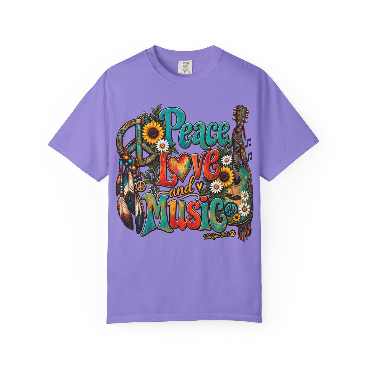 Peace, Love & Music Graphic T-Shirt — Retro Hippie Guitar Sunflower Tee