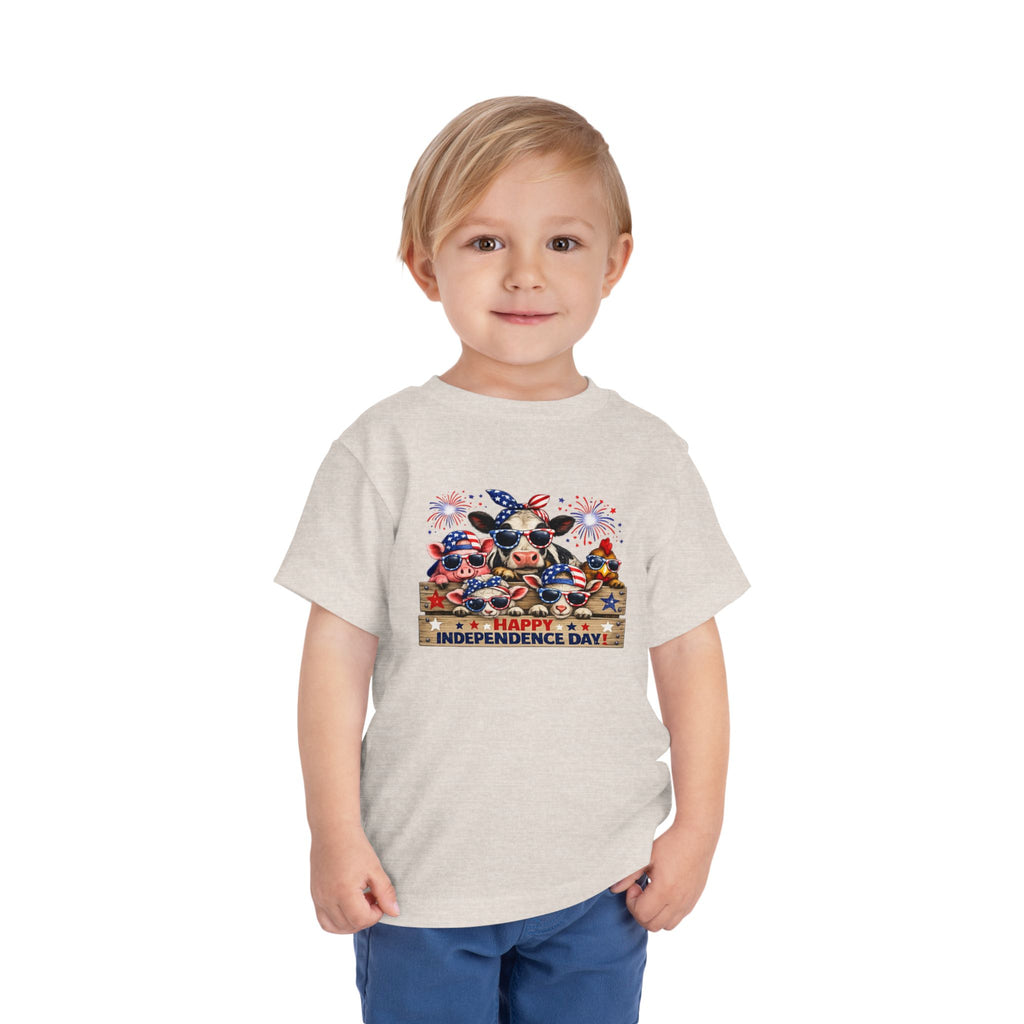 Happy Independence Day Toddler Tee — Patriotic Farm Animals  & Fireworks 4th of July Shirt