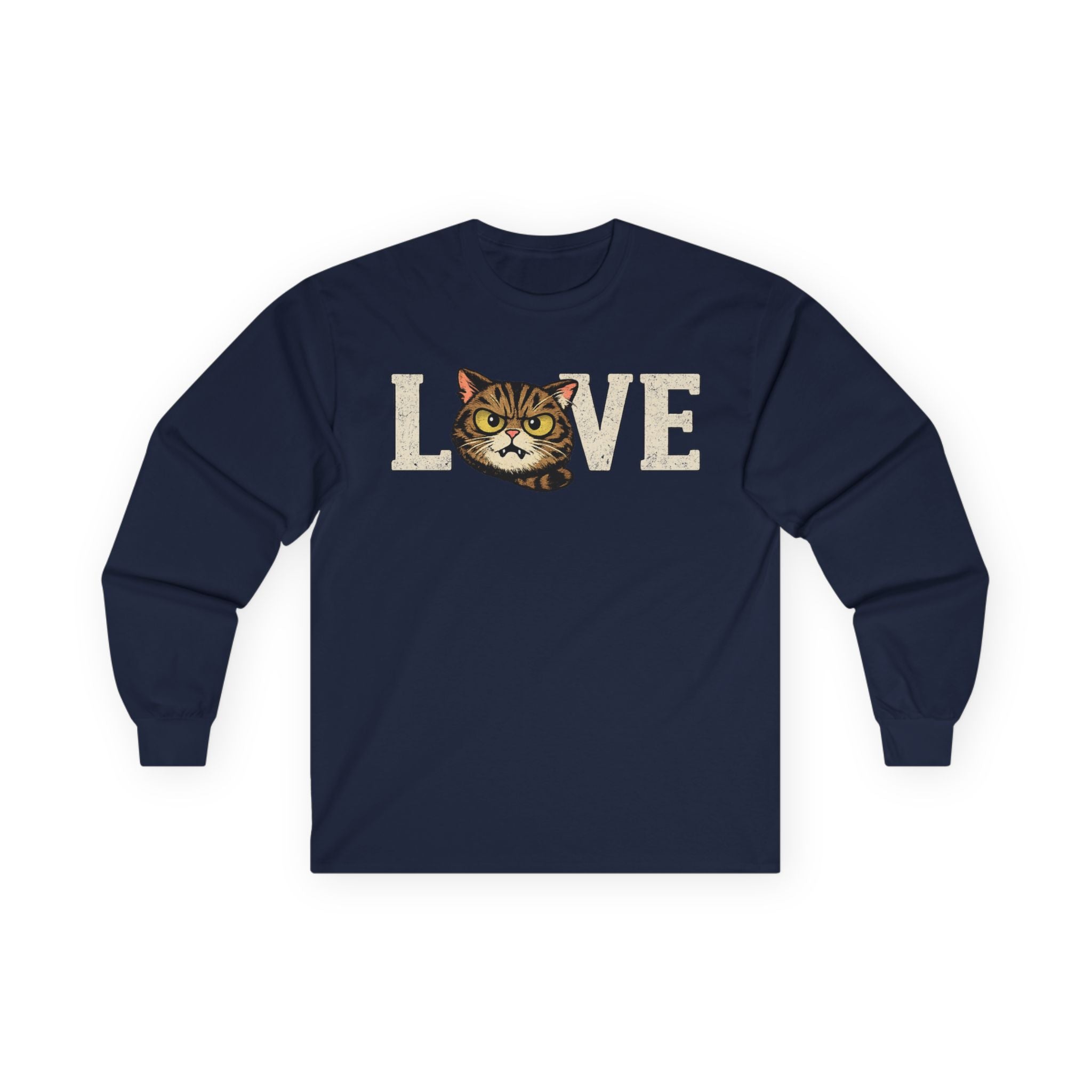 Long Sleeve Tee — "LOVE "tabby  Cat Face Graphic