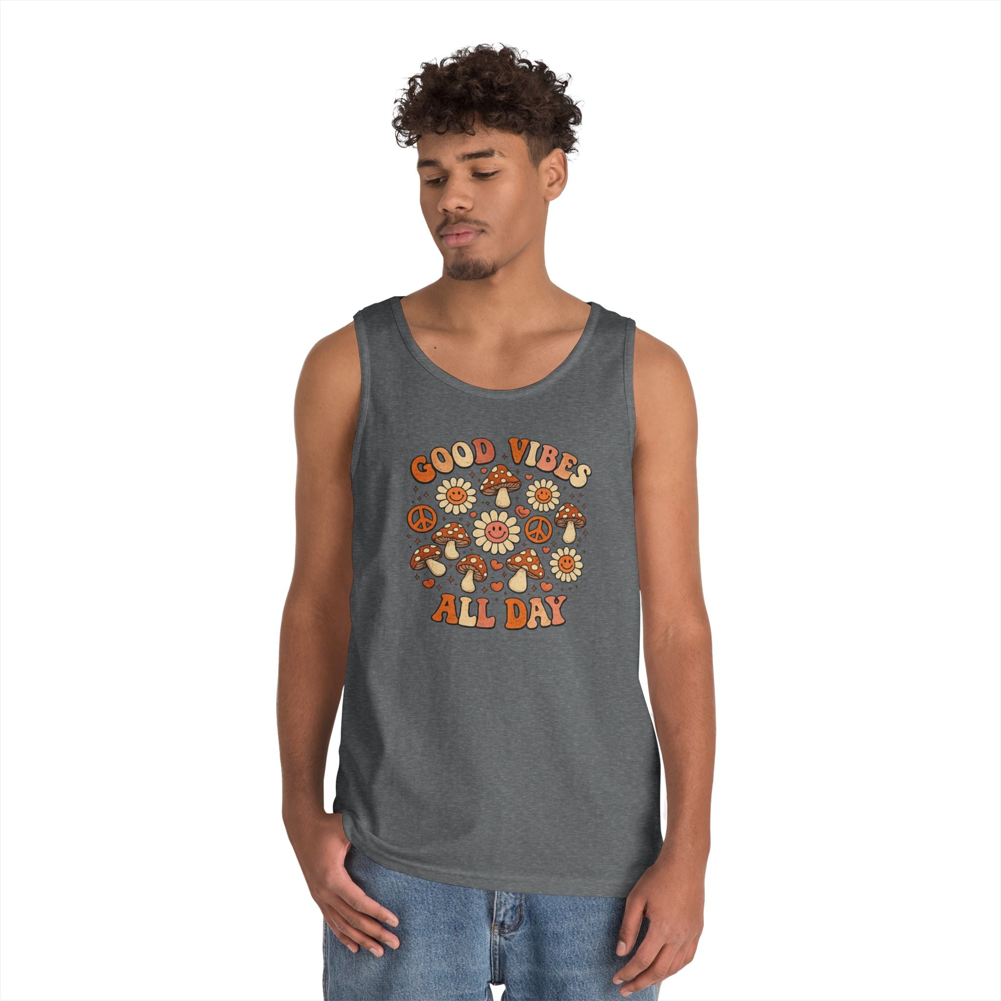Boho-Good Vibes All Day Tank Top — Retro Mushroom Peace Floral Graphic