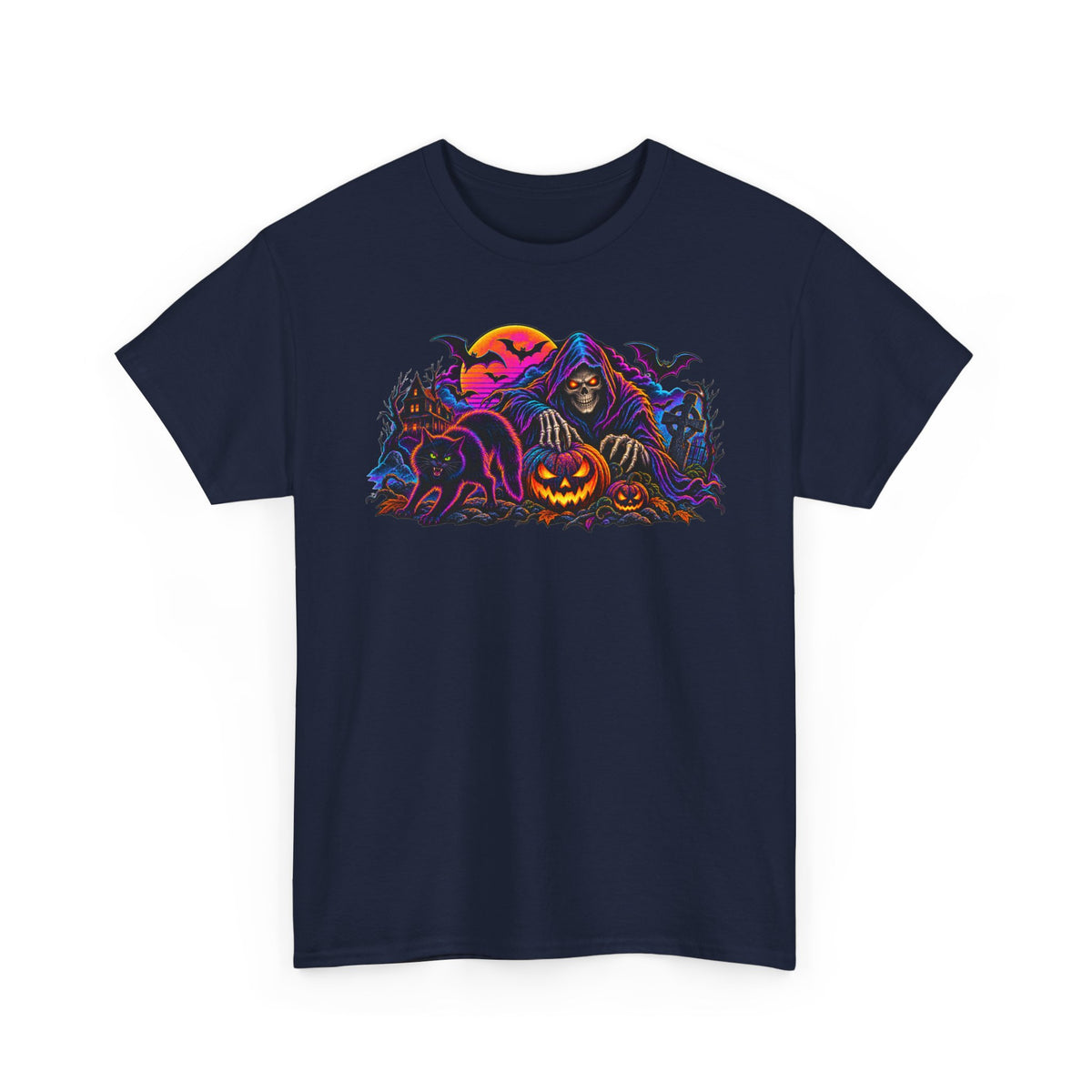 Halloween Grim Reaper Jack-O'-Lantern Tee — Retro Neon Spooky Skull Shirt