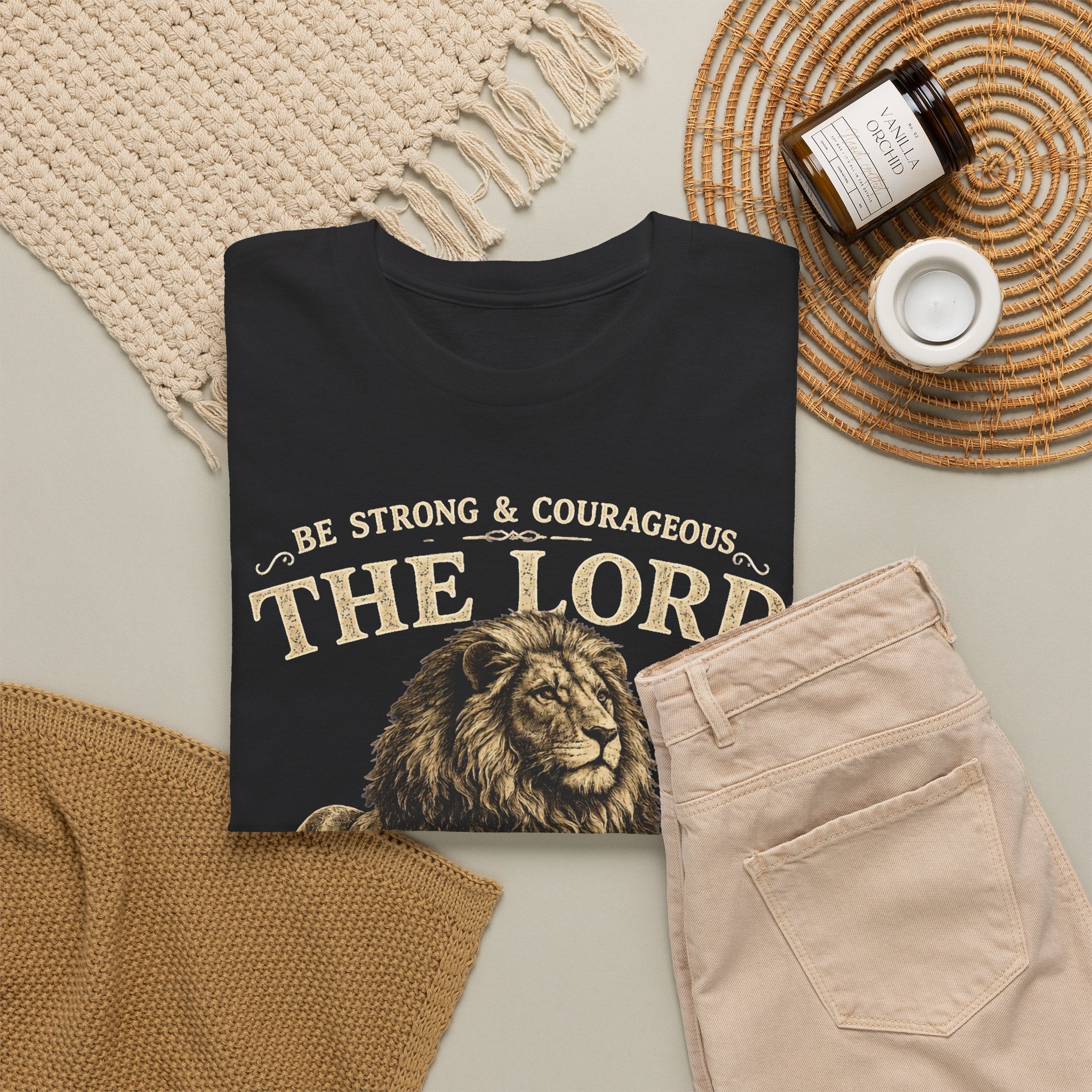 Christian Lion T-Shirt — "Be Strong & Courageous: The Lord Your God" Faith Tee
