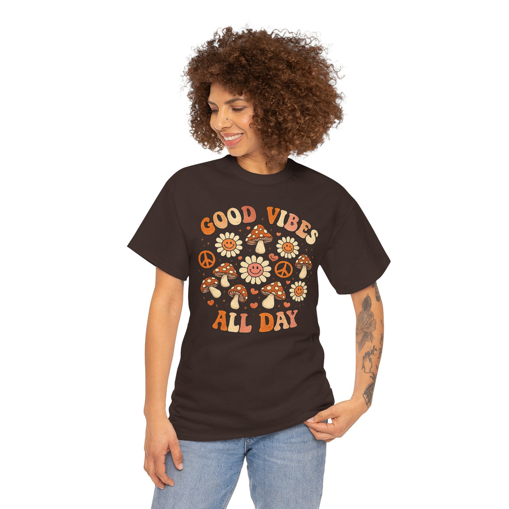 Boho-Good Vibes All Day T-Shirt — Retro Mushroom & Daisy Graphic Tee