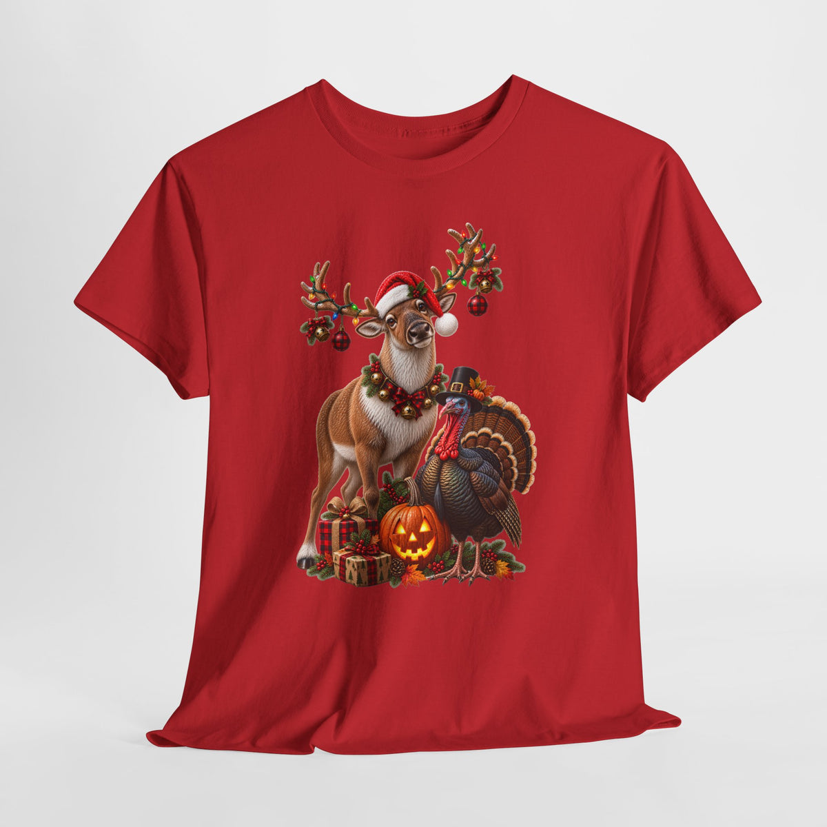 Holiday Mashup Tee — Reindeer with Turkey, Santa Hat & Jack-O’-Lantern