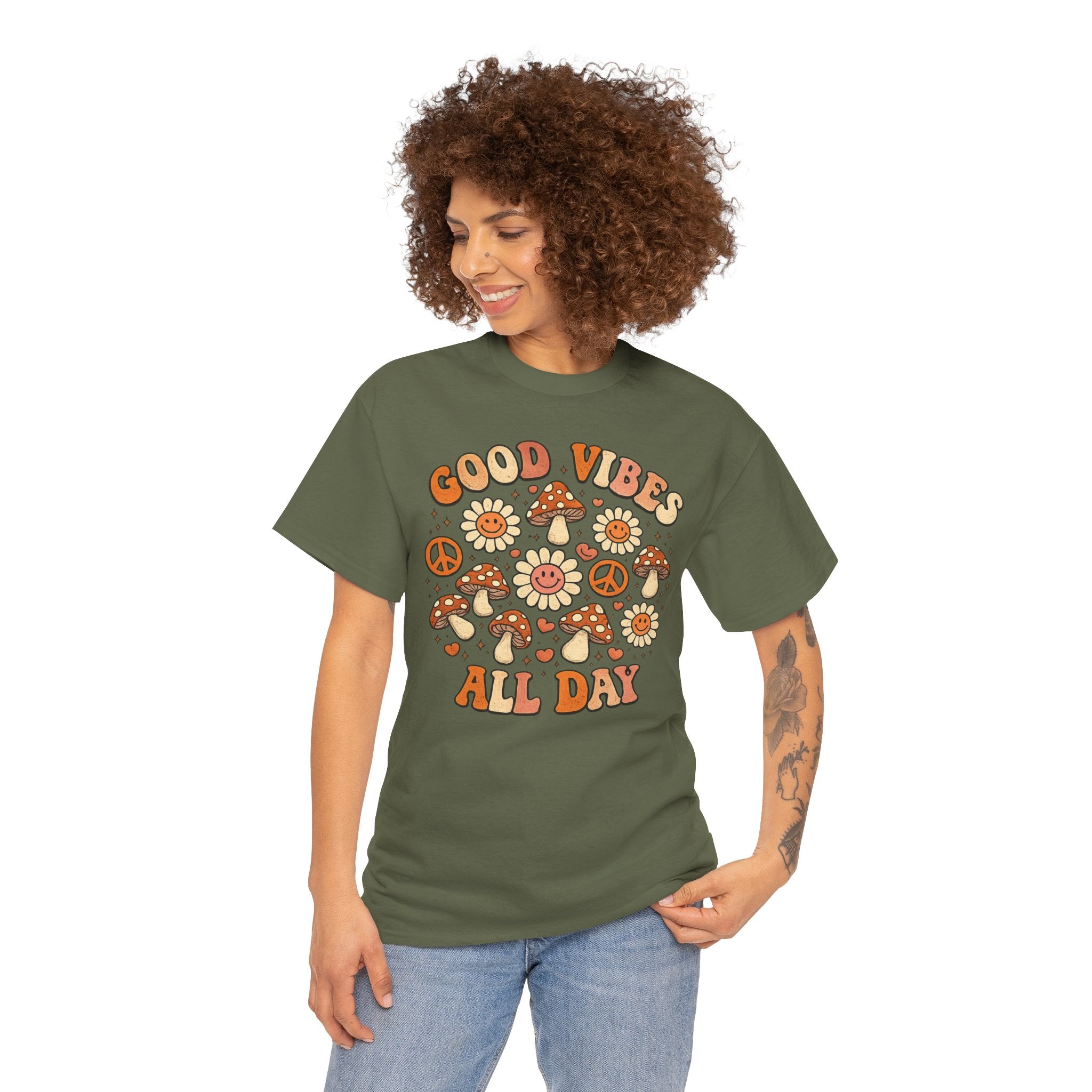 Boho-Good Vibes All Day T-Shirt — Retro Mushroom & Daisy Graphic Tee