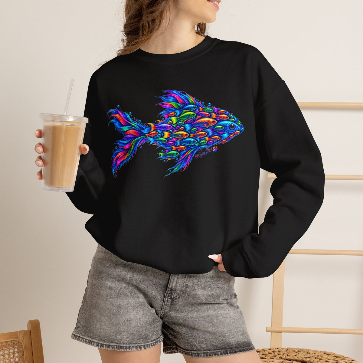 Colorful Fish Crewneck Sweatshirt — Vibrant Psychedelic Fish Graphic