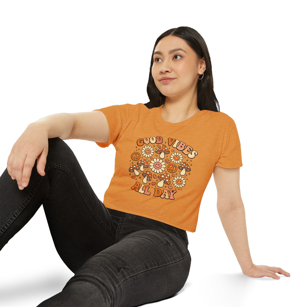 Good Vibes All Day Crop Top — Retro Mushroom & Sun Festival Tee