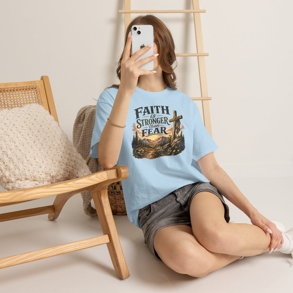 Faith Is Stronger Than Fear T-Shirt — Christian Cross Mountain Graphic Tee