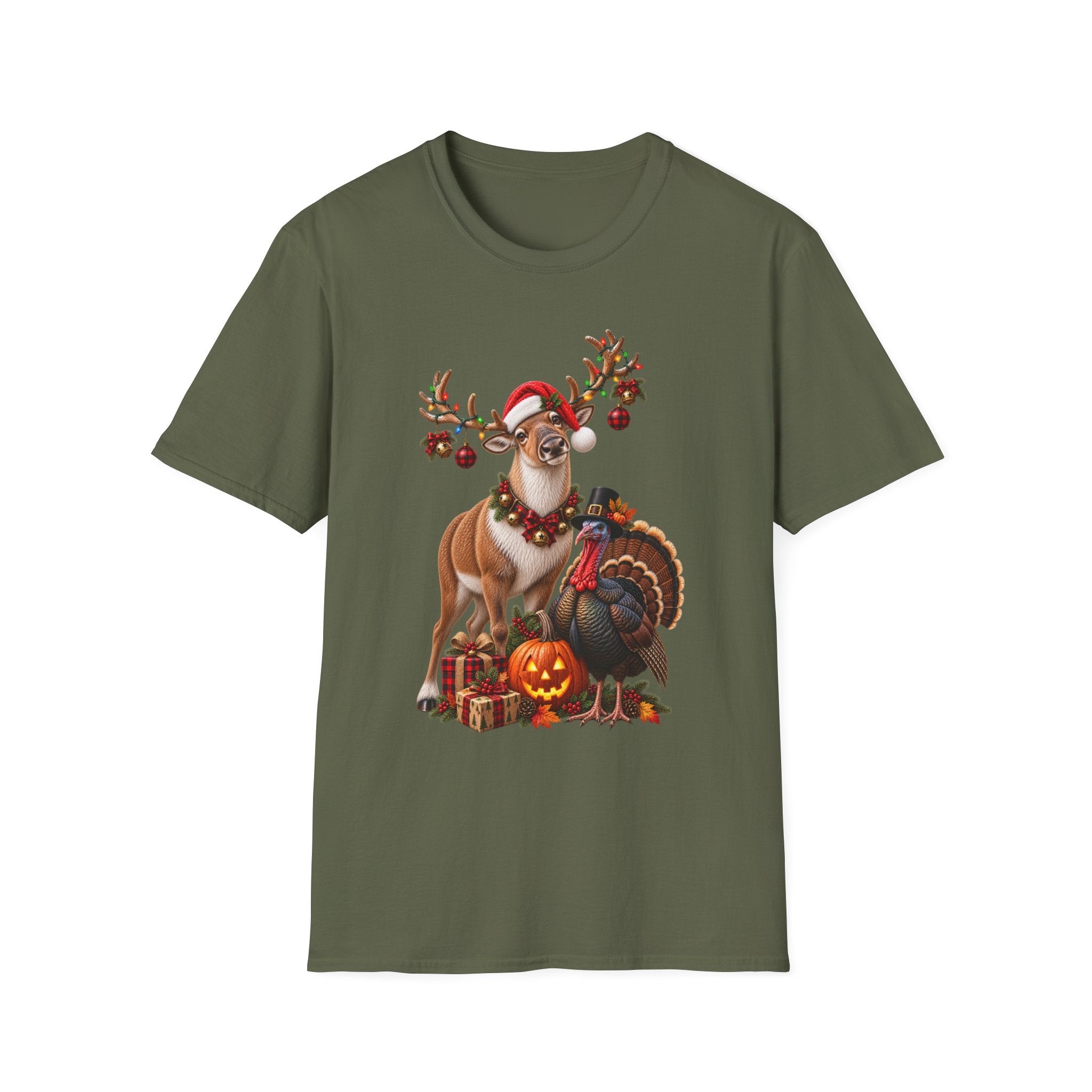 Three Holidays-One Shirt - Christmas Reindeer ,Turkey & Jack O Lantern Graphic T‑Shirt