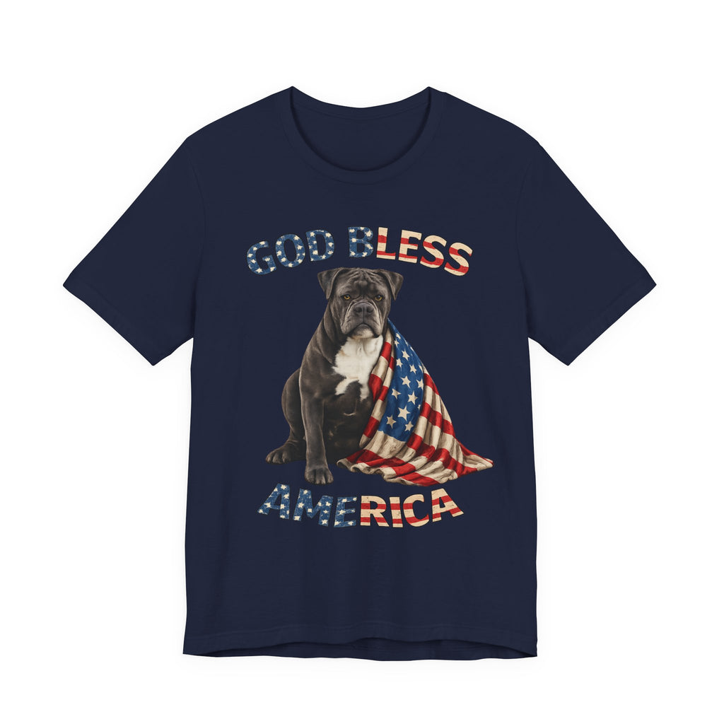 Patriotic Bulldog Tee – "God Bless America" USA Flag Dog T-Shirt