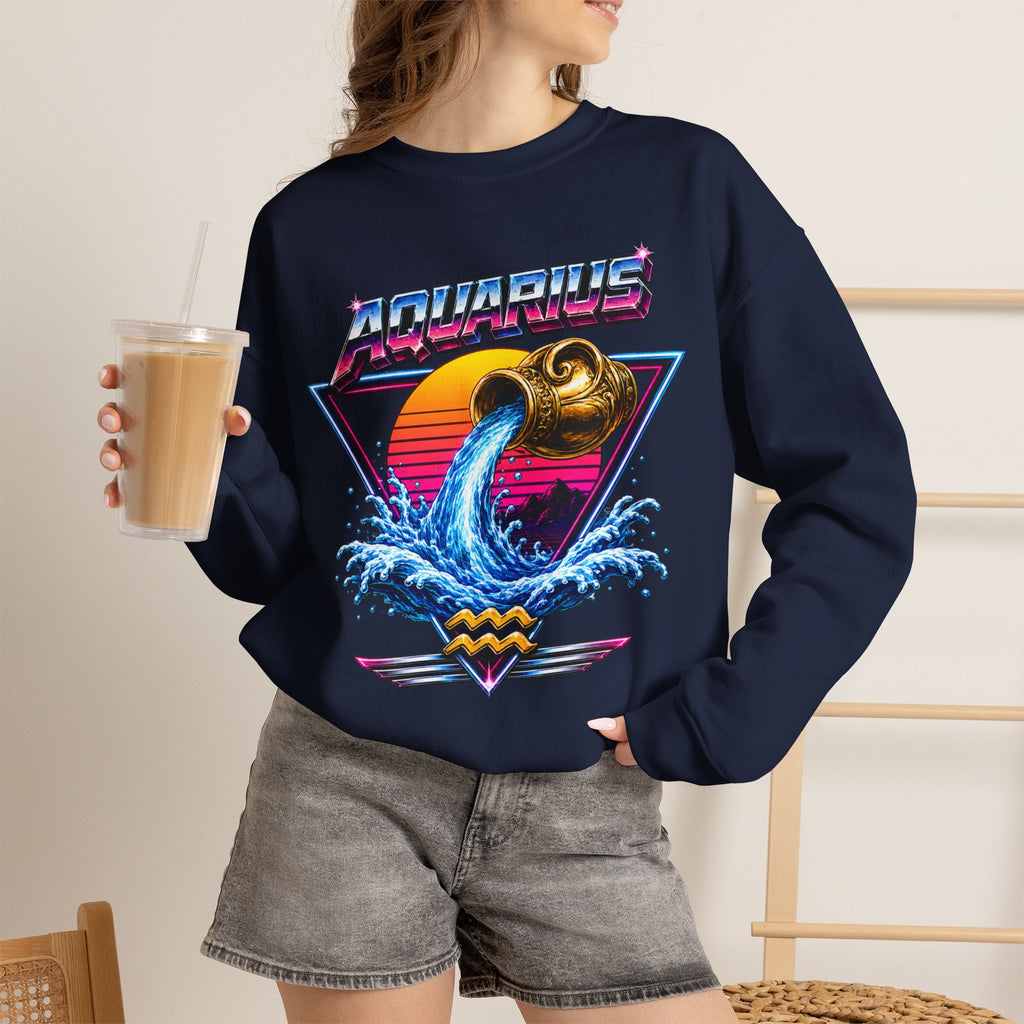 Aquarius Zodiac Crewneck Sweatshirt — Retro Neon Water-Bearer Design