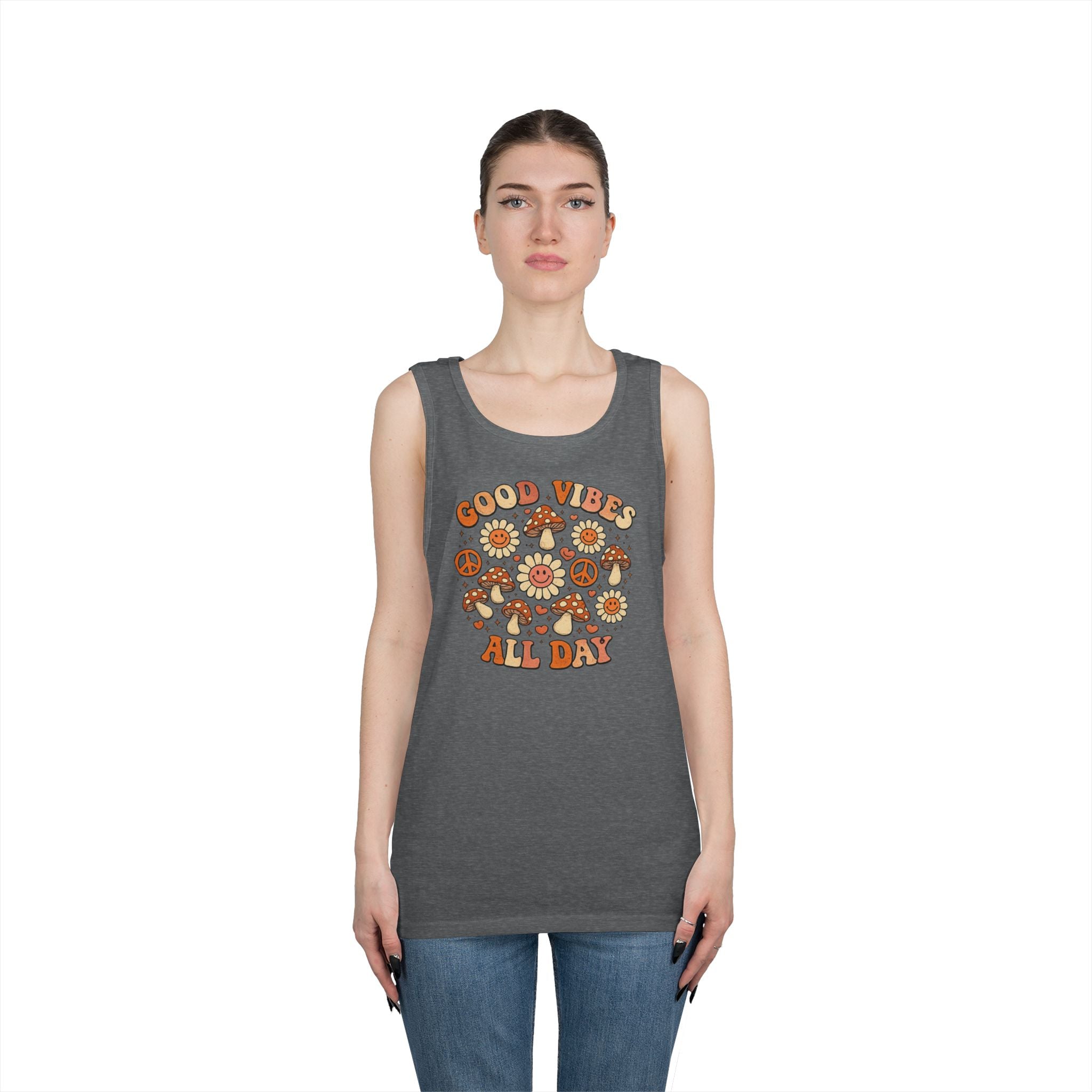 Boho-Good Vibes All Day Tank Top — Retro Mushroom Peace Floral Graphic